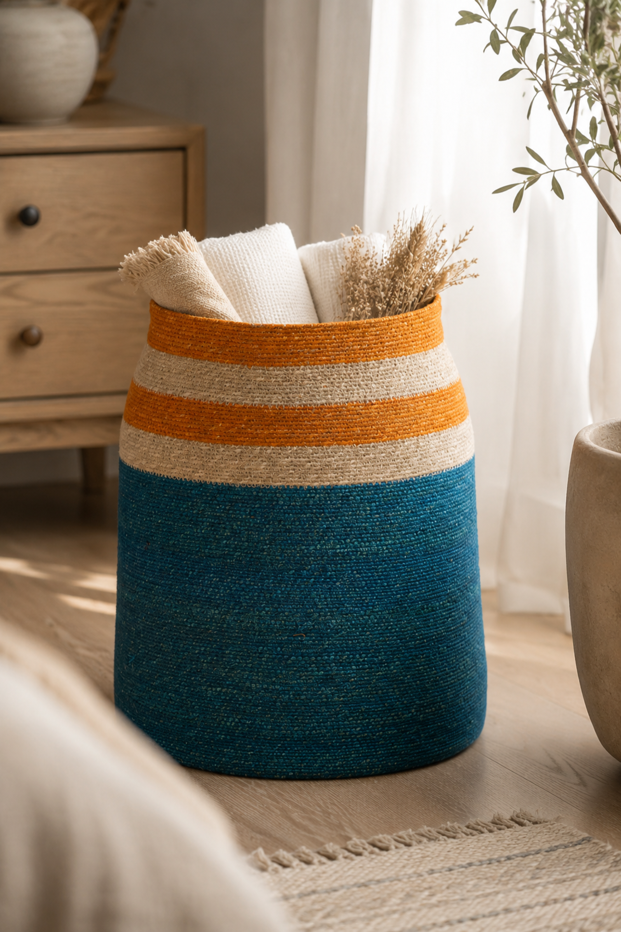 Teal Blue Boho Seagrass Basket