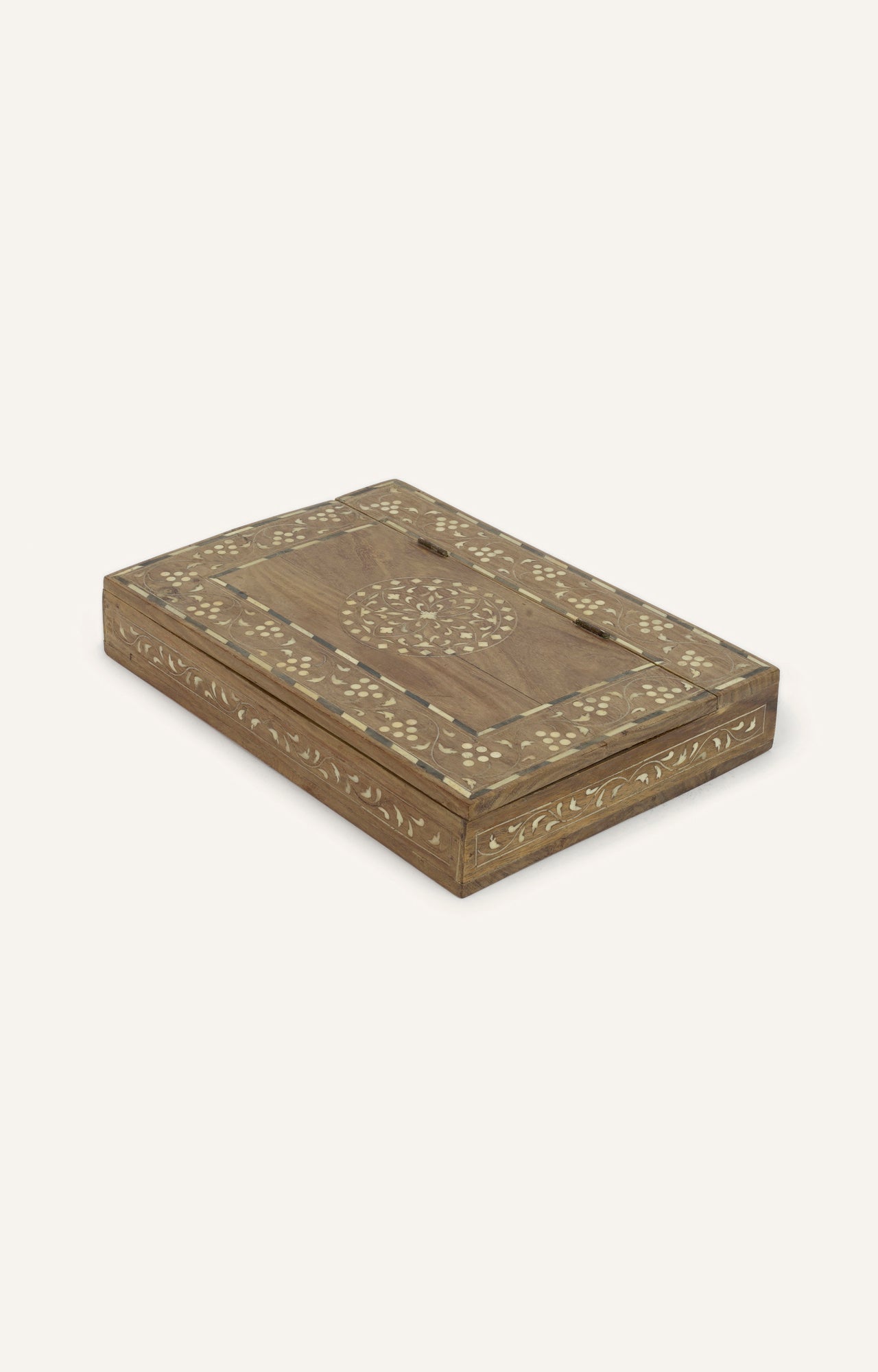 Flat rectangular wooden box with delicate floral patterns created by bone inlay on the lid.