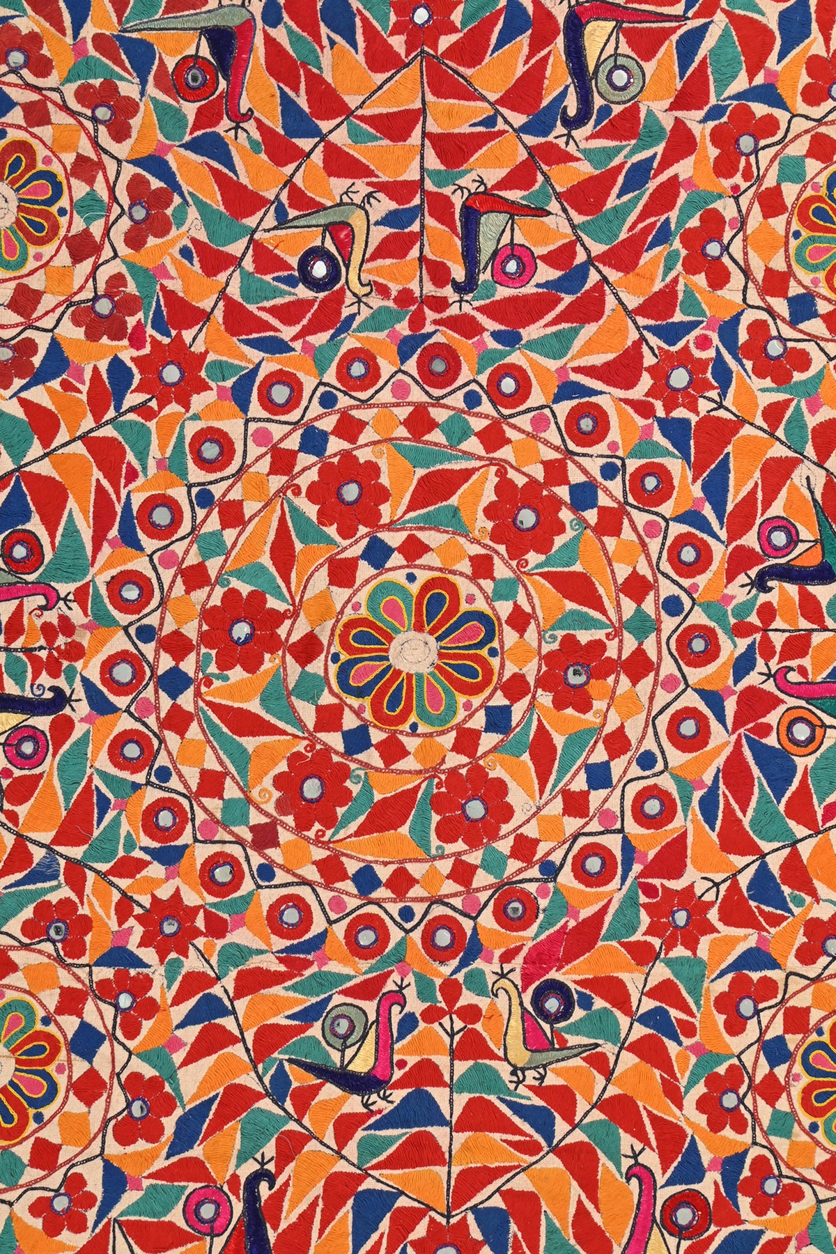 Traditional Gujarati peacock mirror work wall hanging
