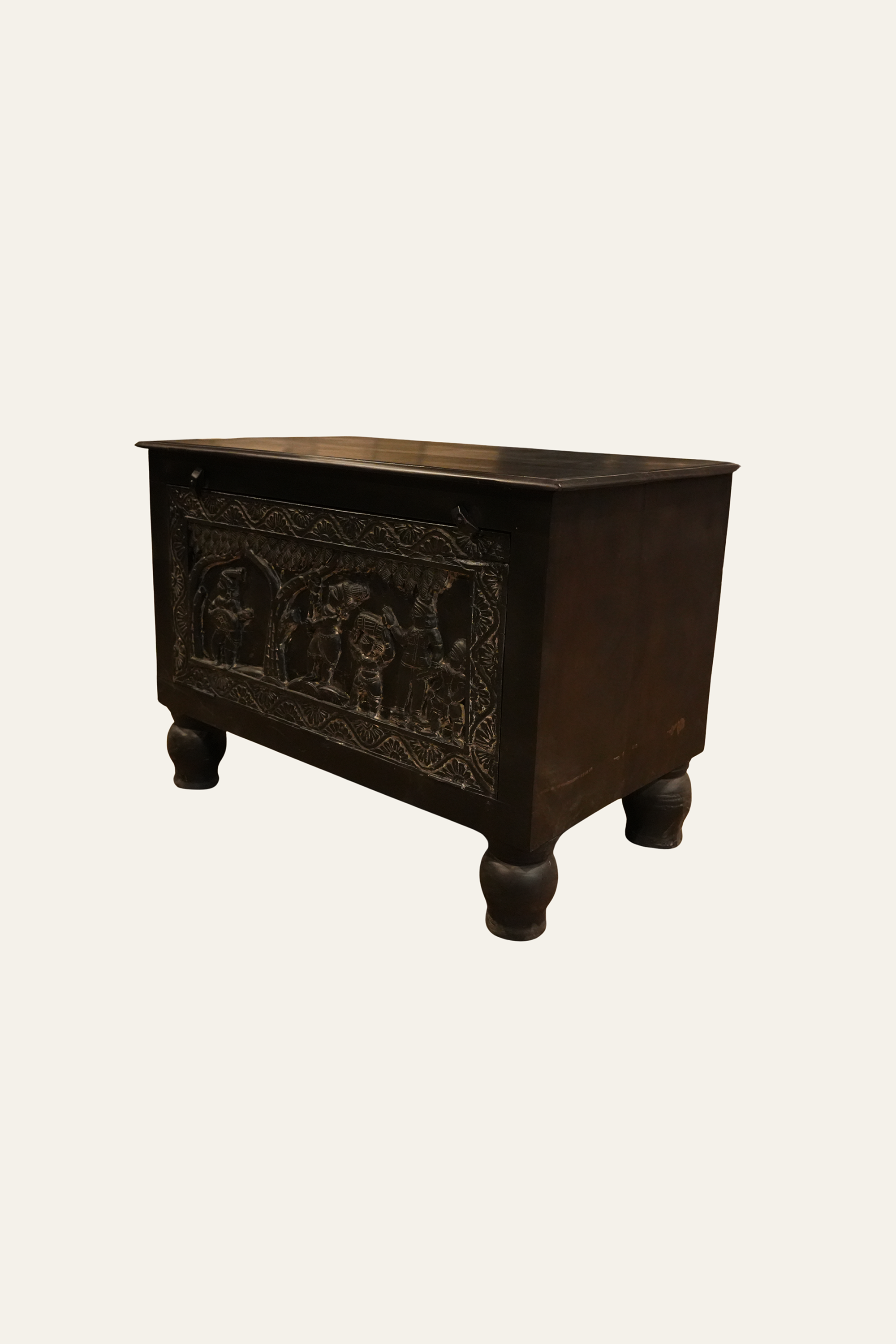 Carved Wooden Trunk with Bun Feet for Living Room