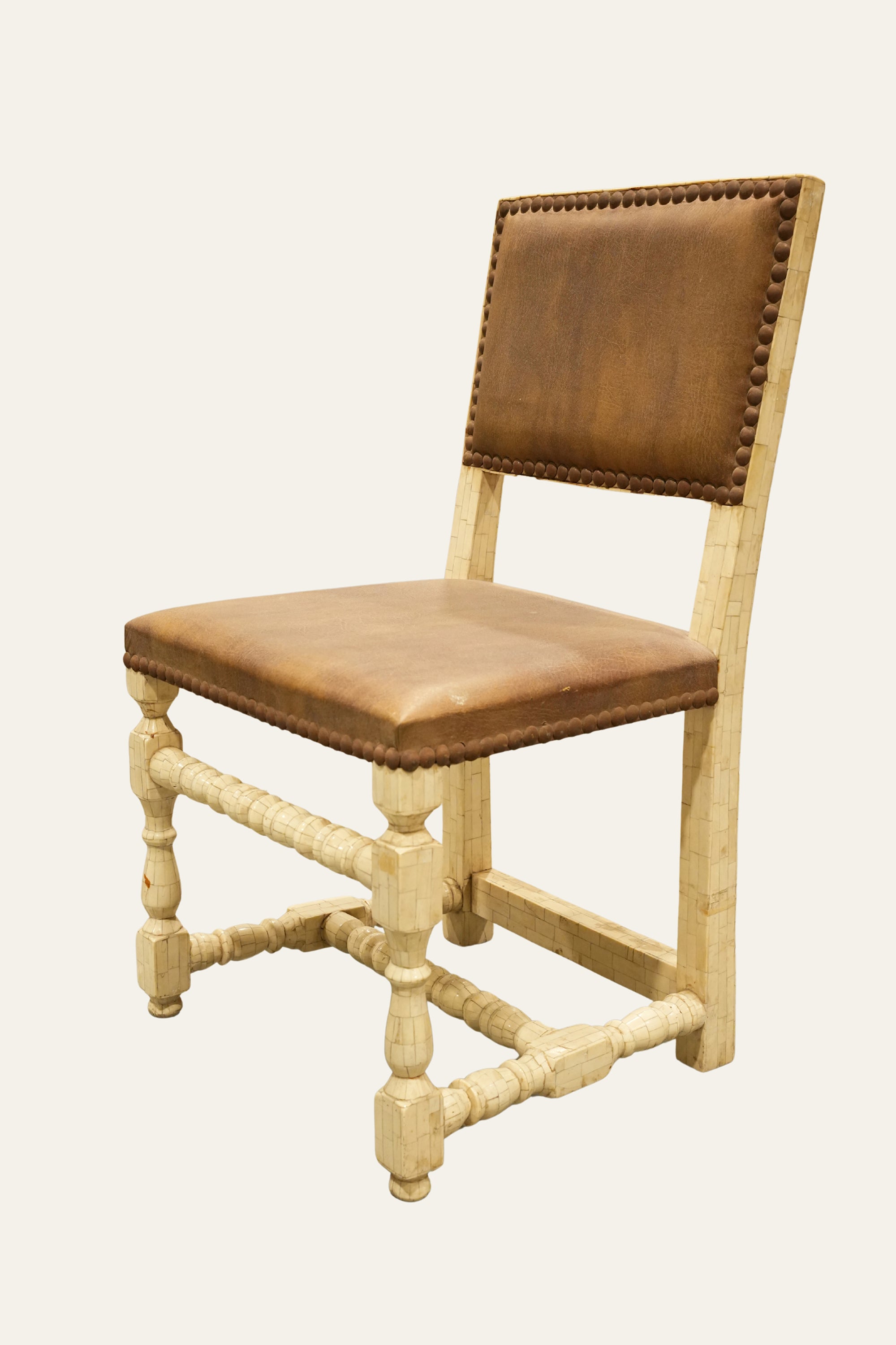 Brown PU Leatherette Dining Chair with Brass Nailhead Trim