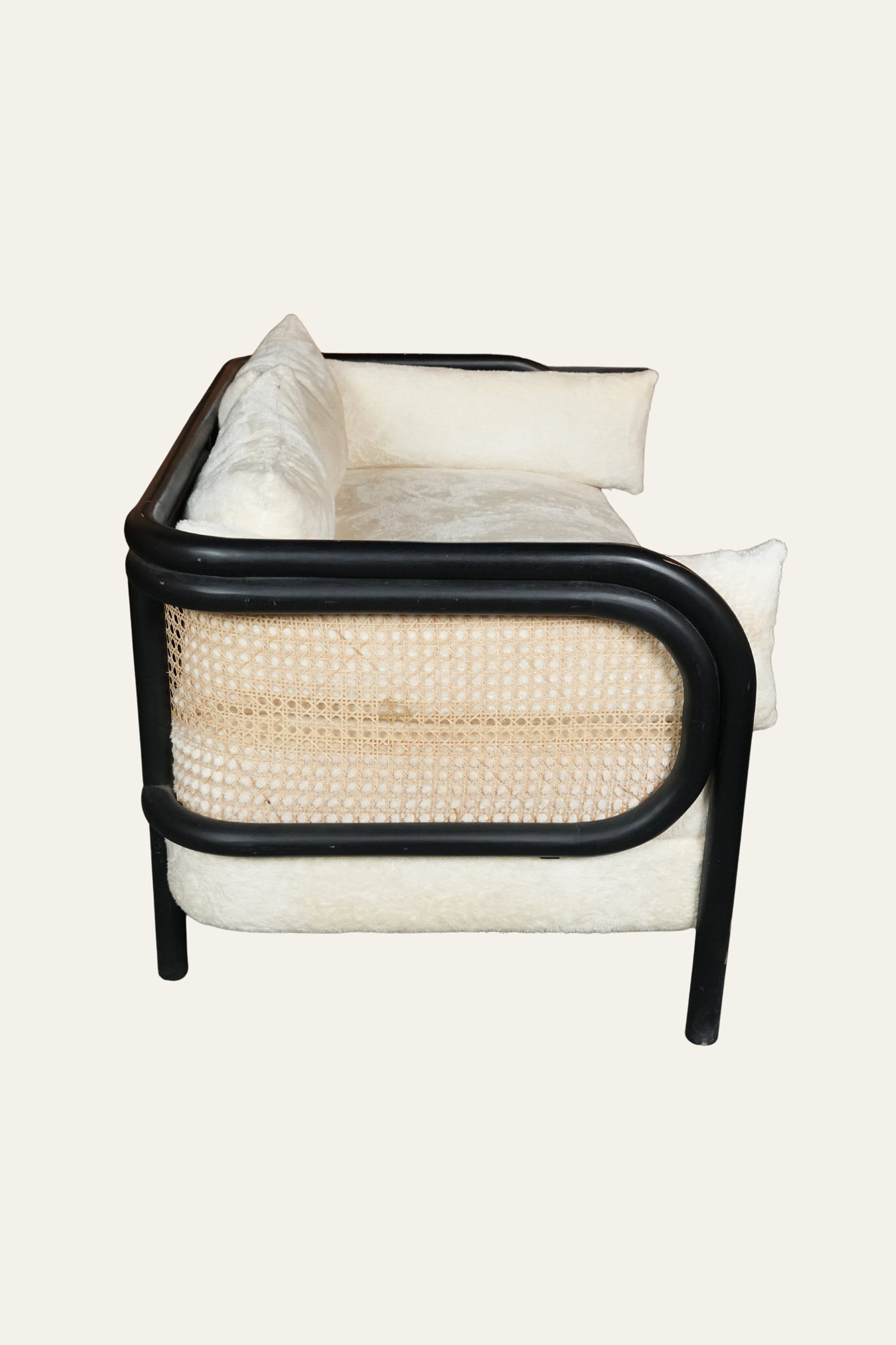 Cane Arm Loveseat Sofa in White Upholstery