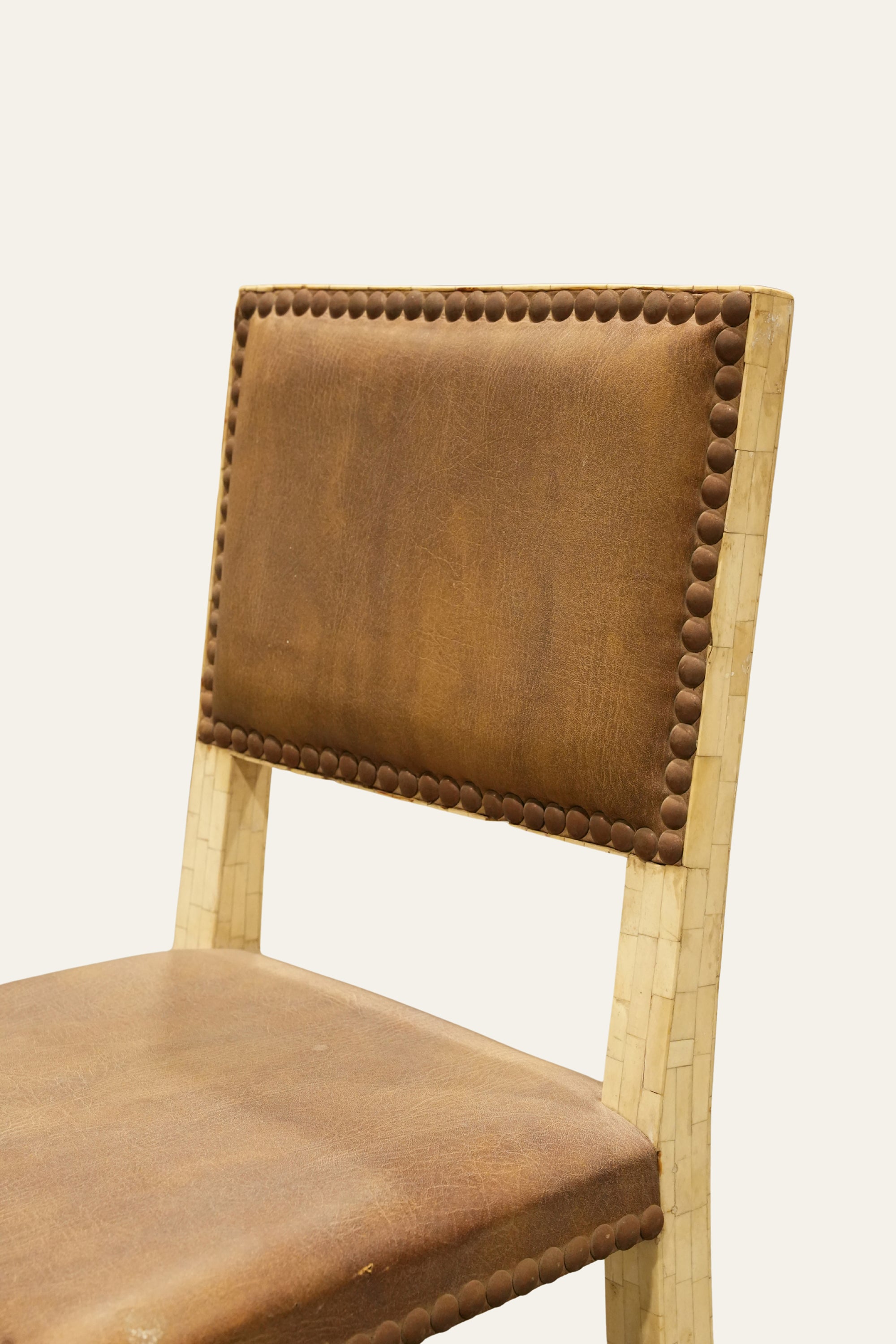 Brown PU Leatherette Dining Chair with Brass Nailhead Trim
