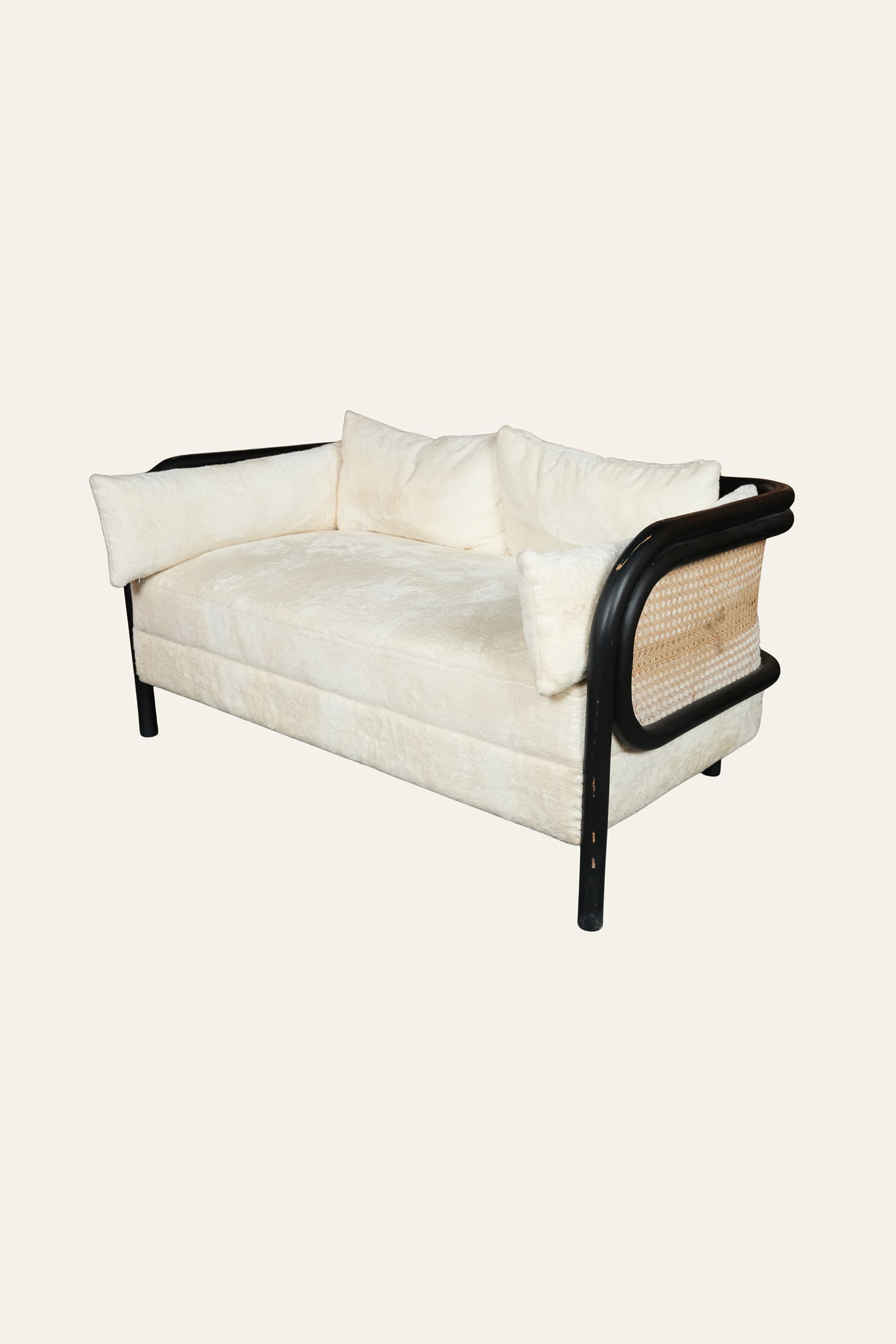 Cane Arm Loveseat Sofa in White Upholstery