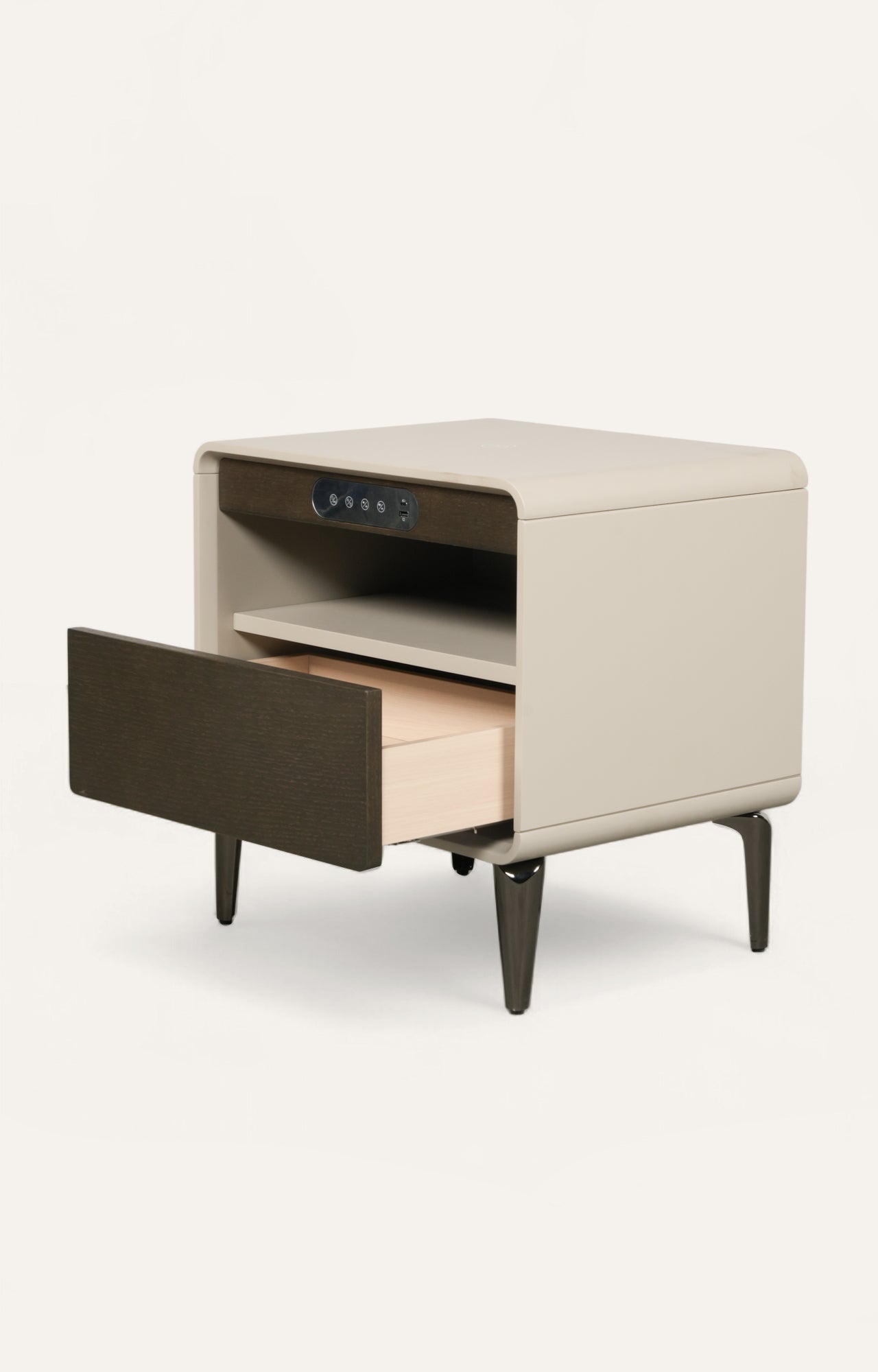 Beige side table with open drawer