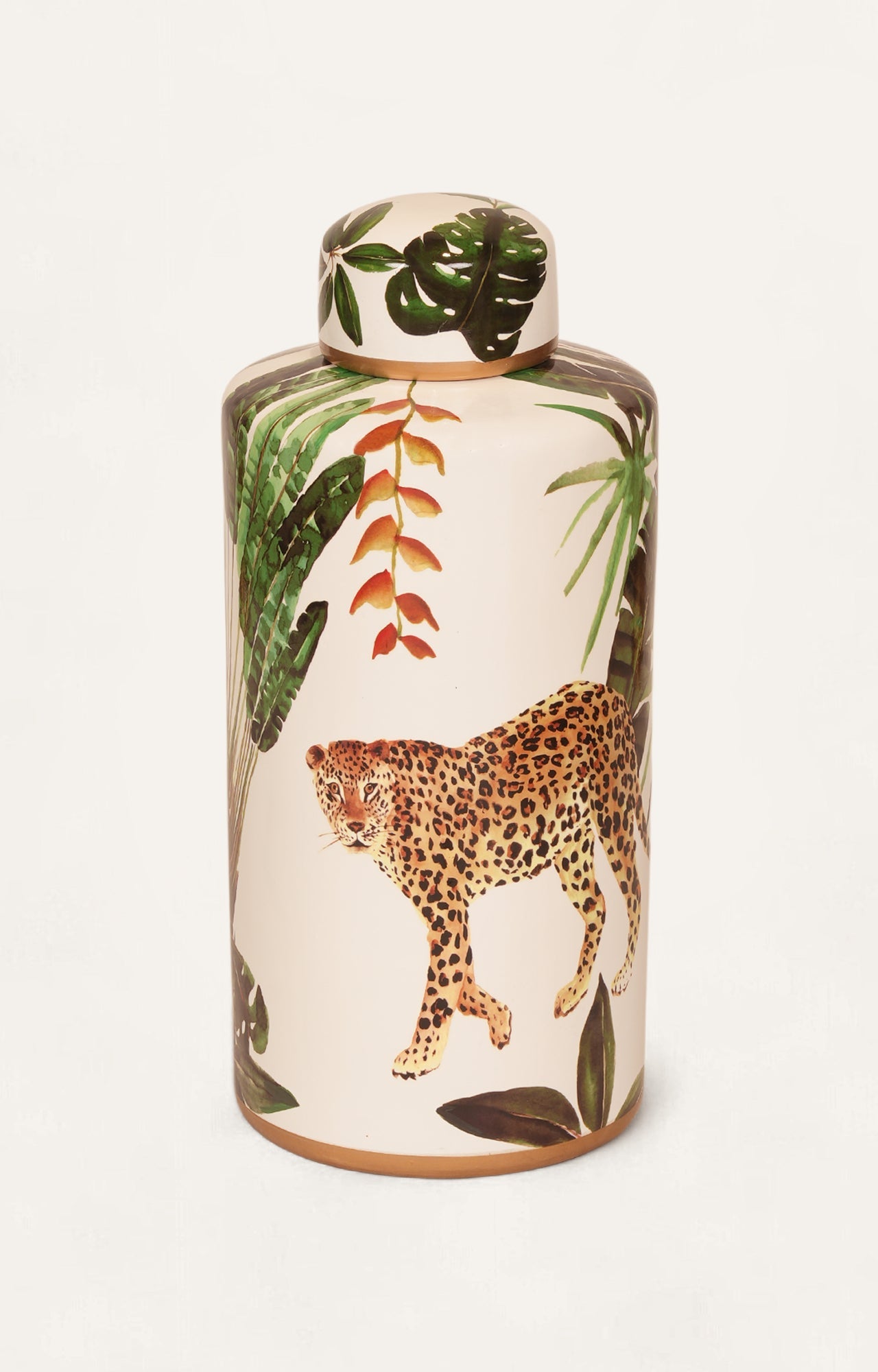 jar with a leopard and leaf design