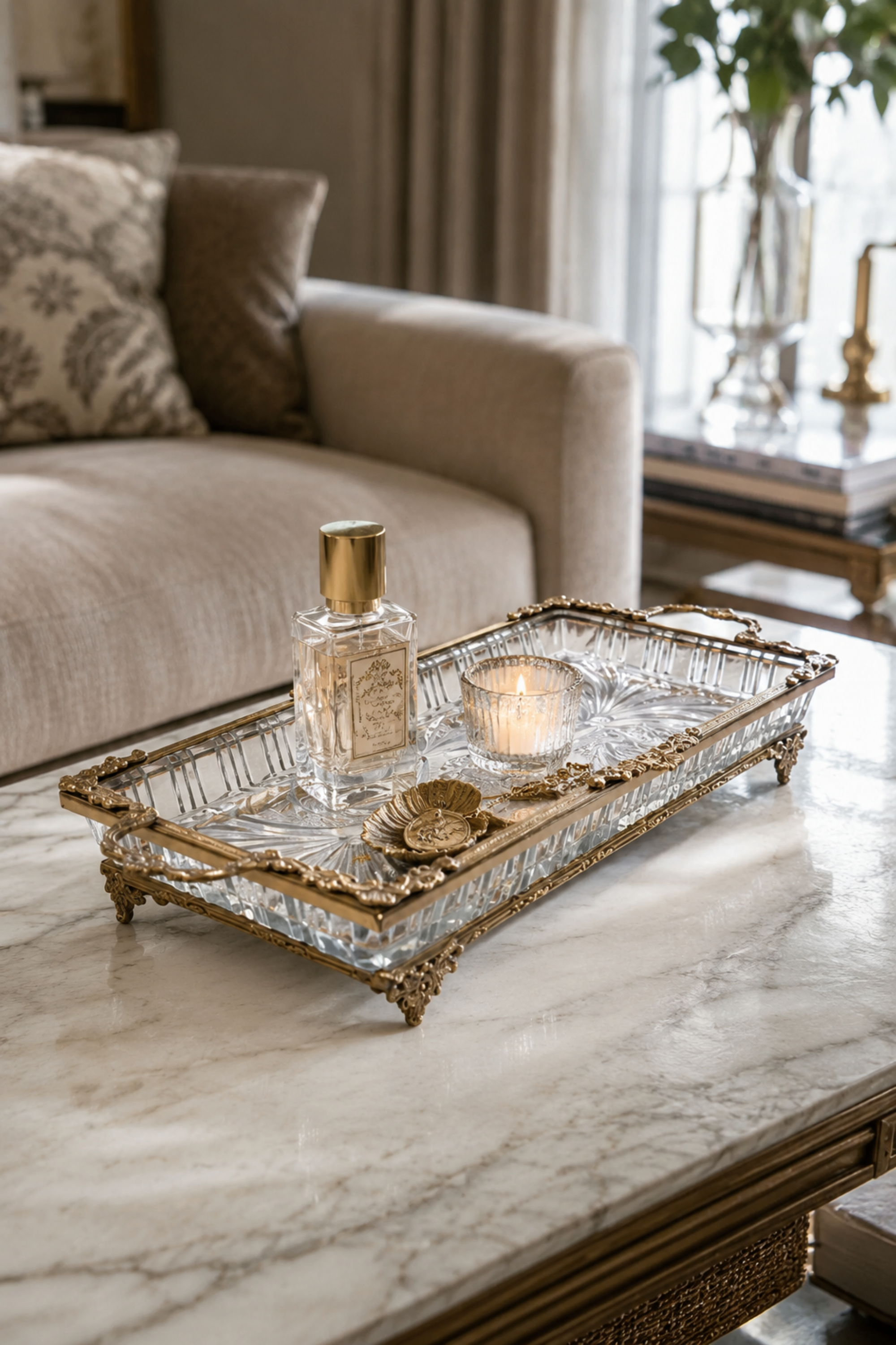 Vintage Style Brass & Glass Decorative Tray with Handles