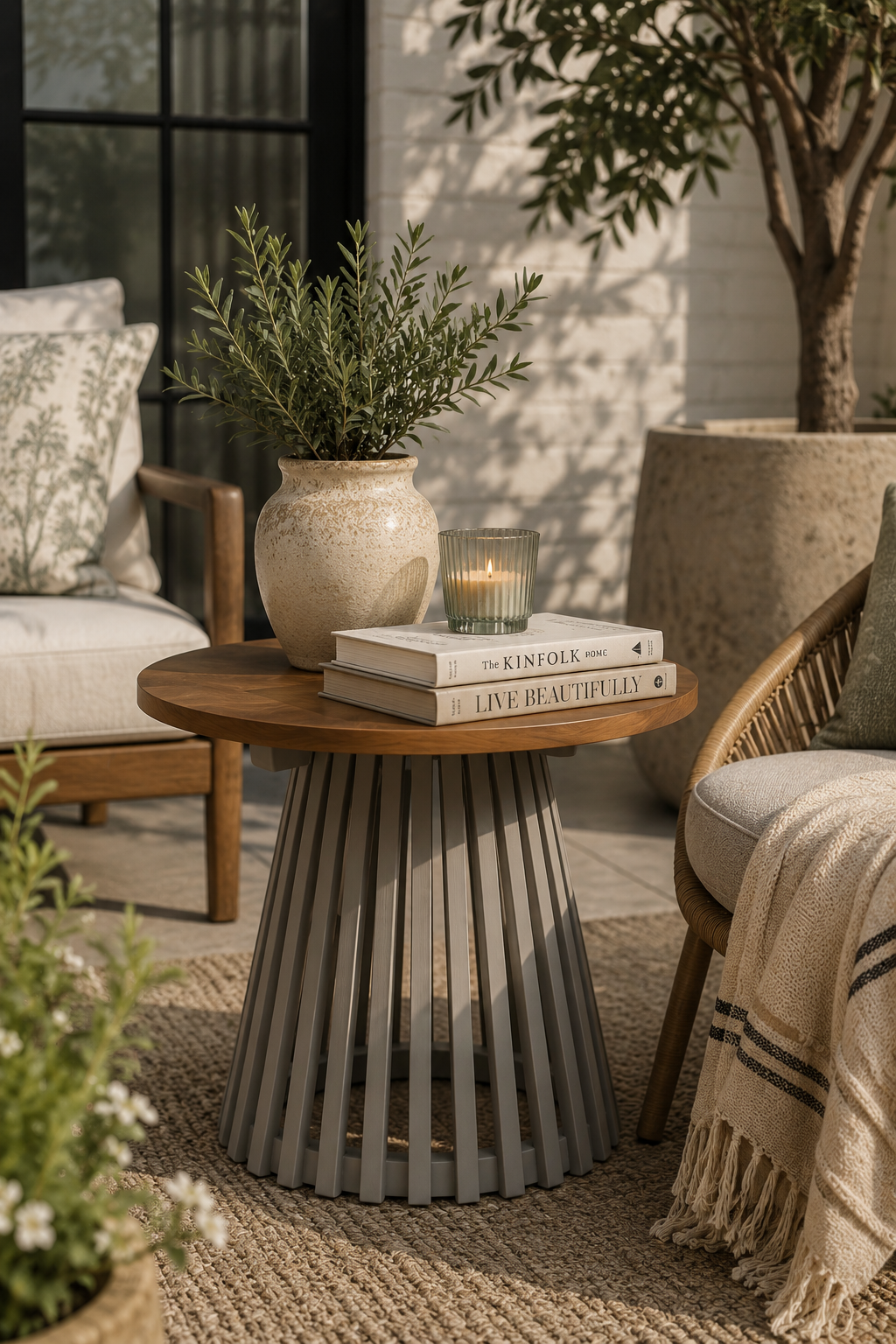 Round Teak Wooden Outdoor Dining Table with Slatted Pedestal Base