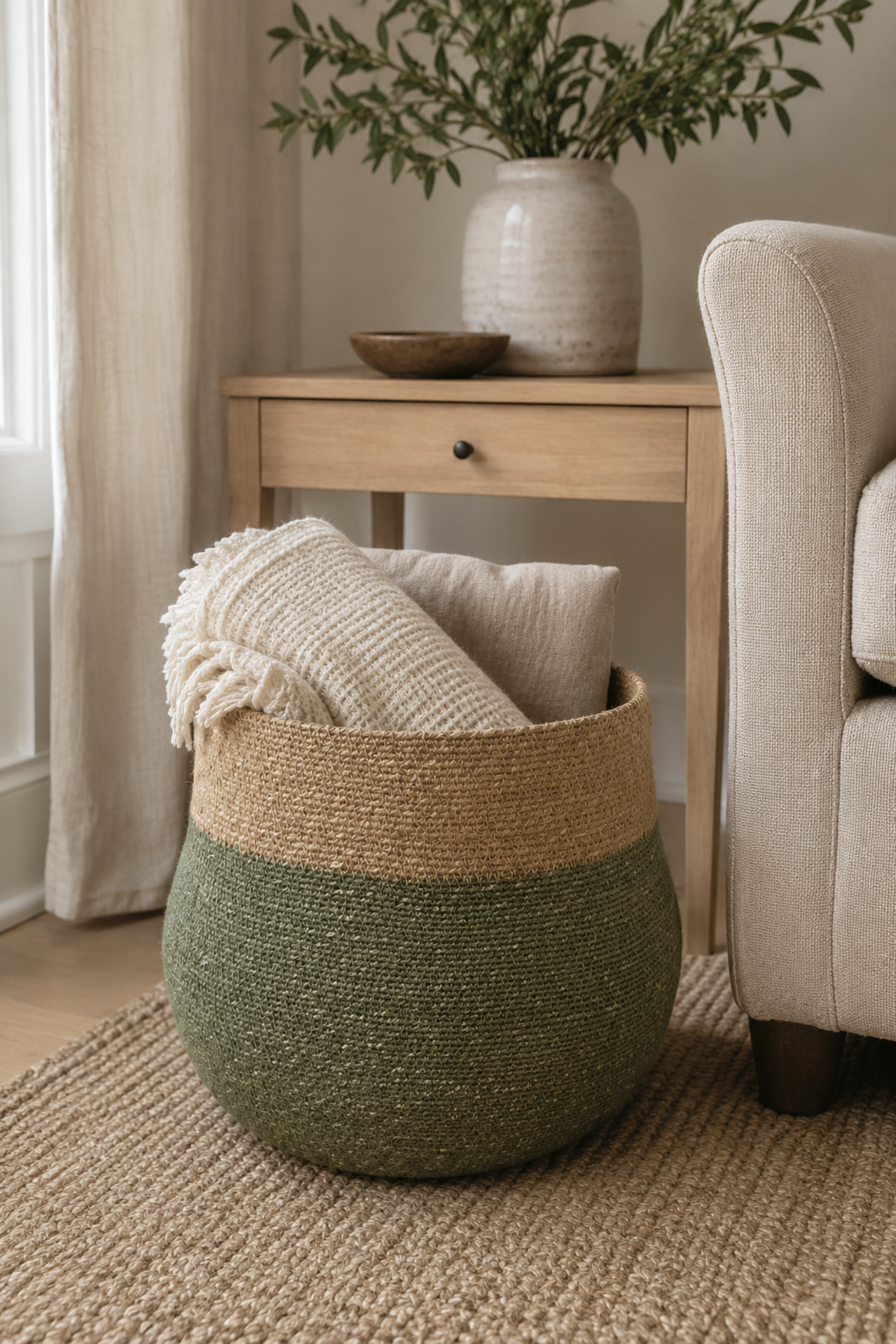 Wide Seagrass Basket with Teal Border