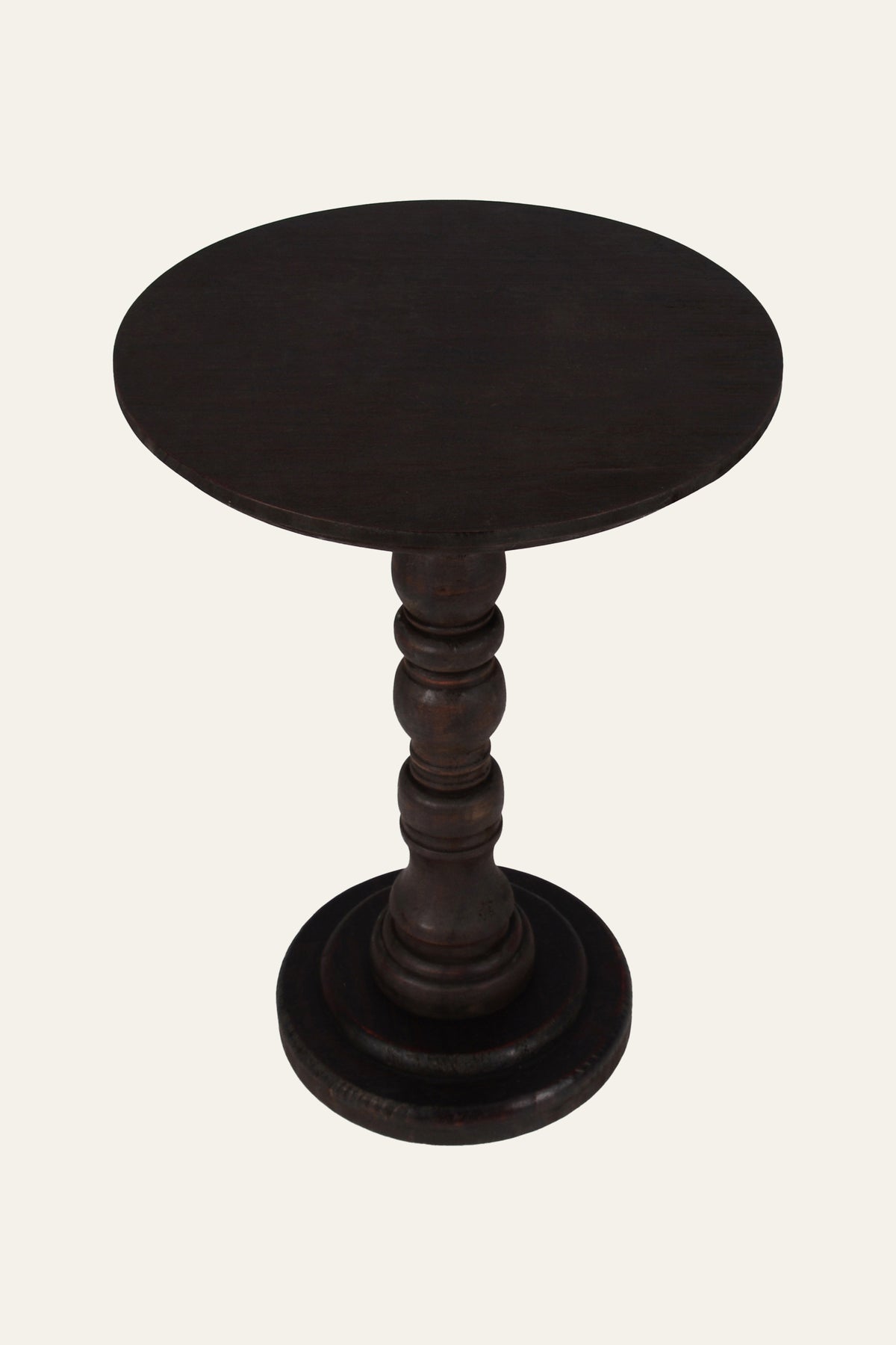 Dark Brown Wood Turned Spindle Pedestal Accent Table