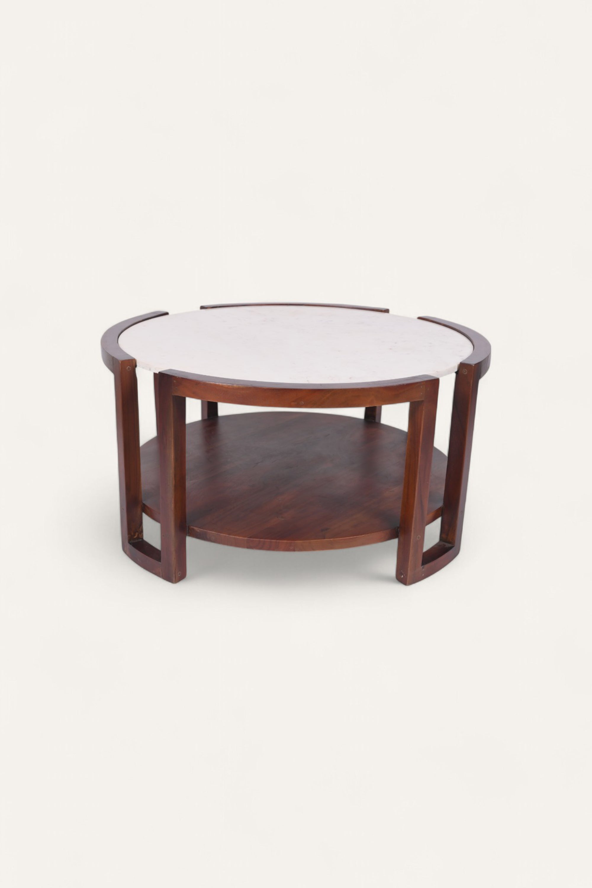 Round Teak Wood Coffee Table with White Marble Top