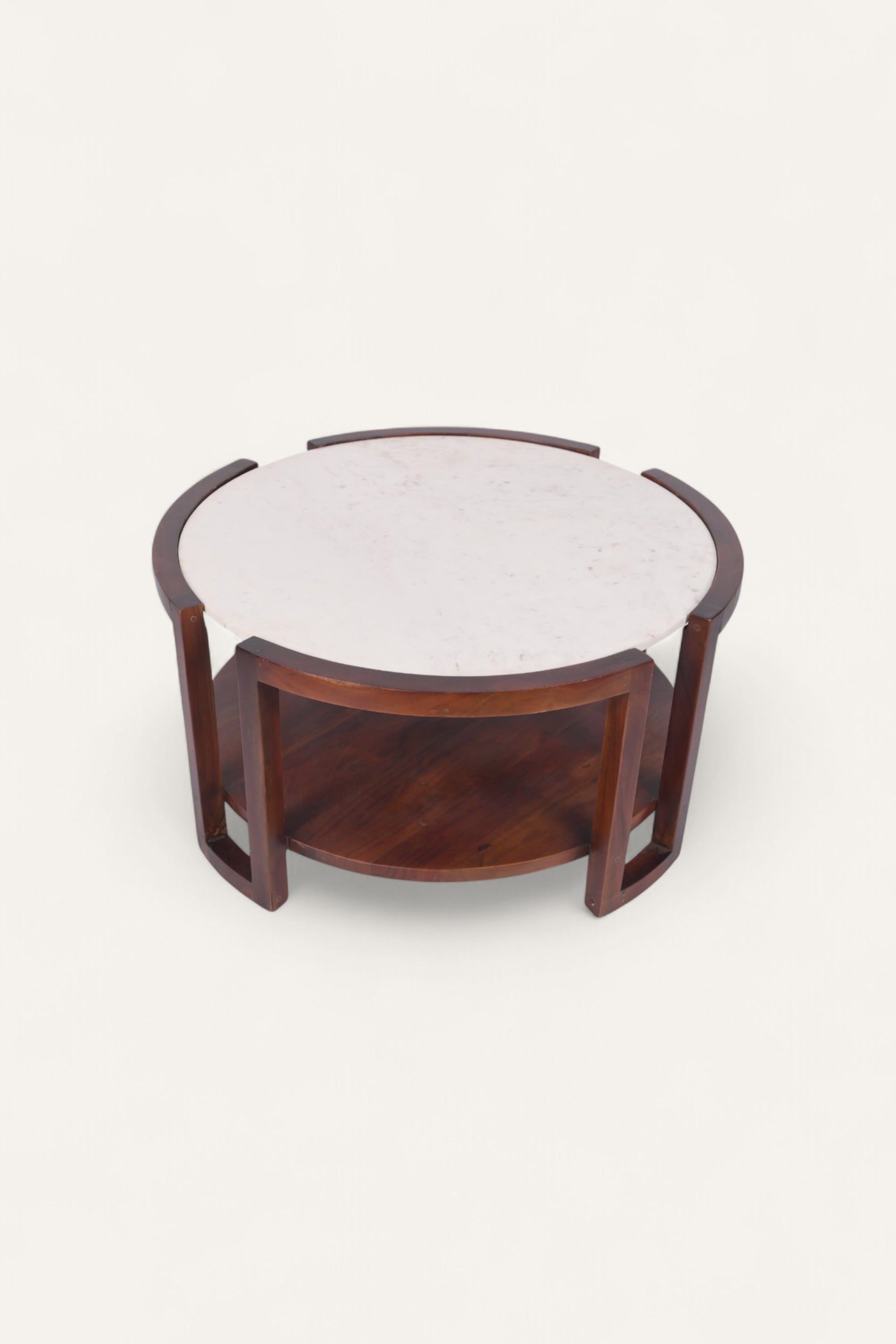 Round Teak Wood Coffee Table with White Marble Top
