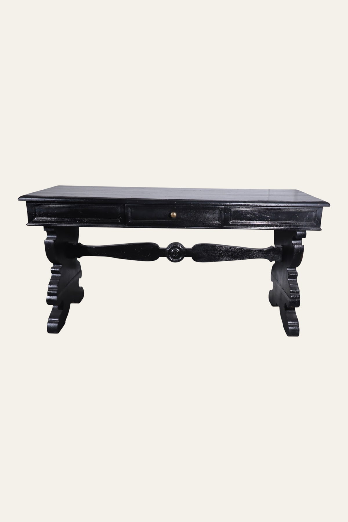 black carved writing desk with lyre trestle legs