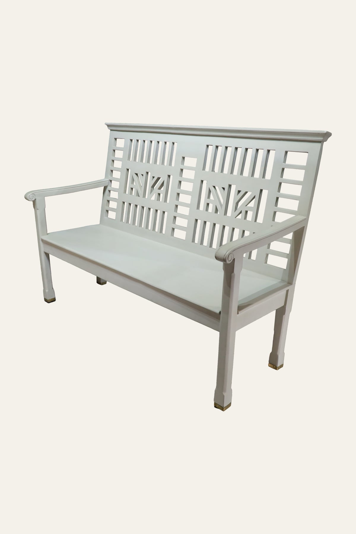 carved wooden bench with slatted back