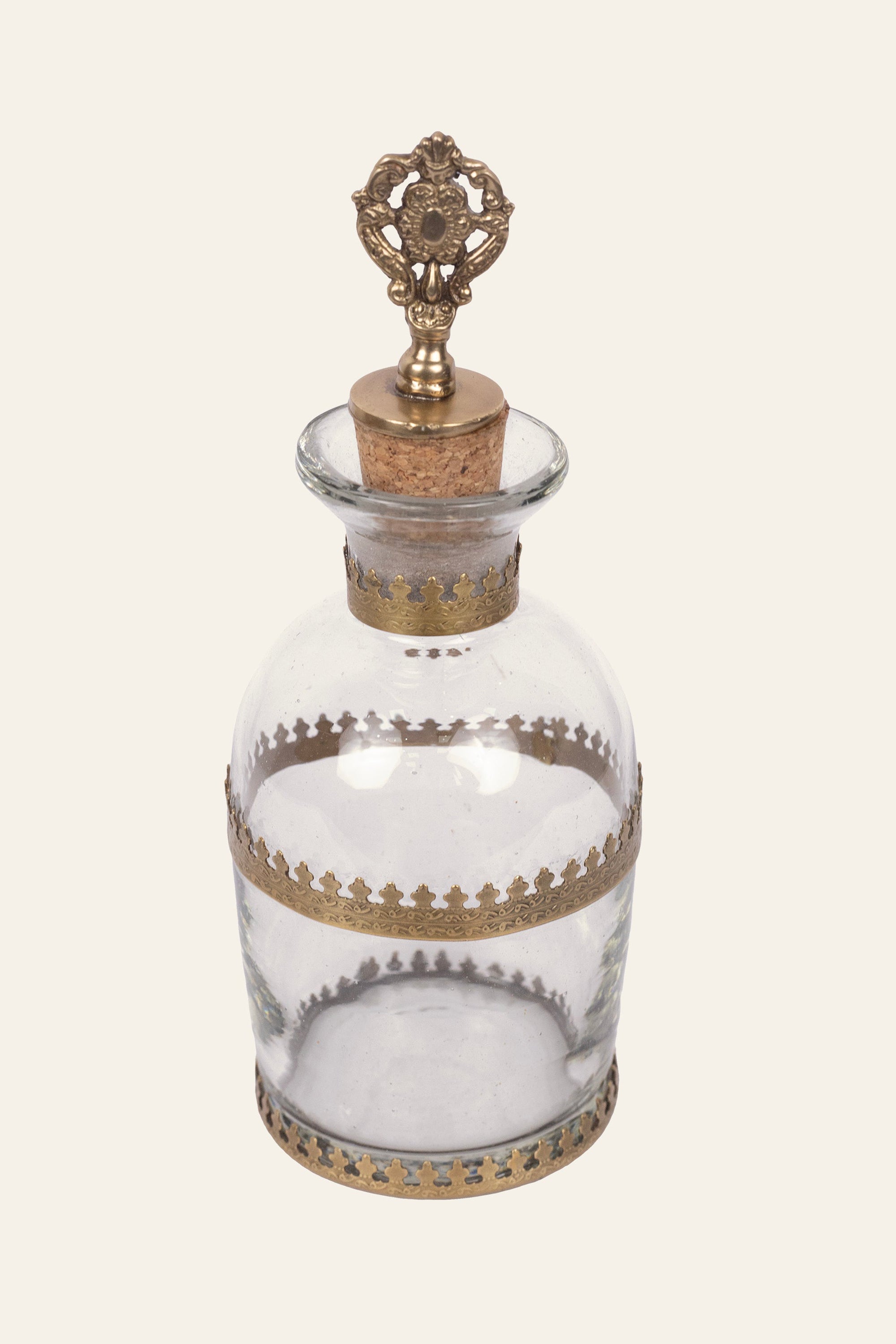 Vintage-Style Round Glass Bottle Container with Antique Brass Detailing