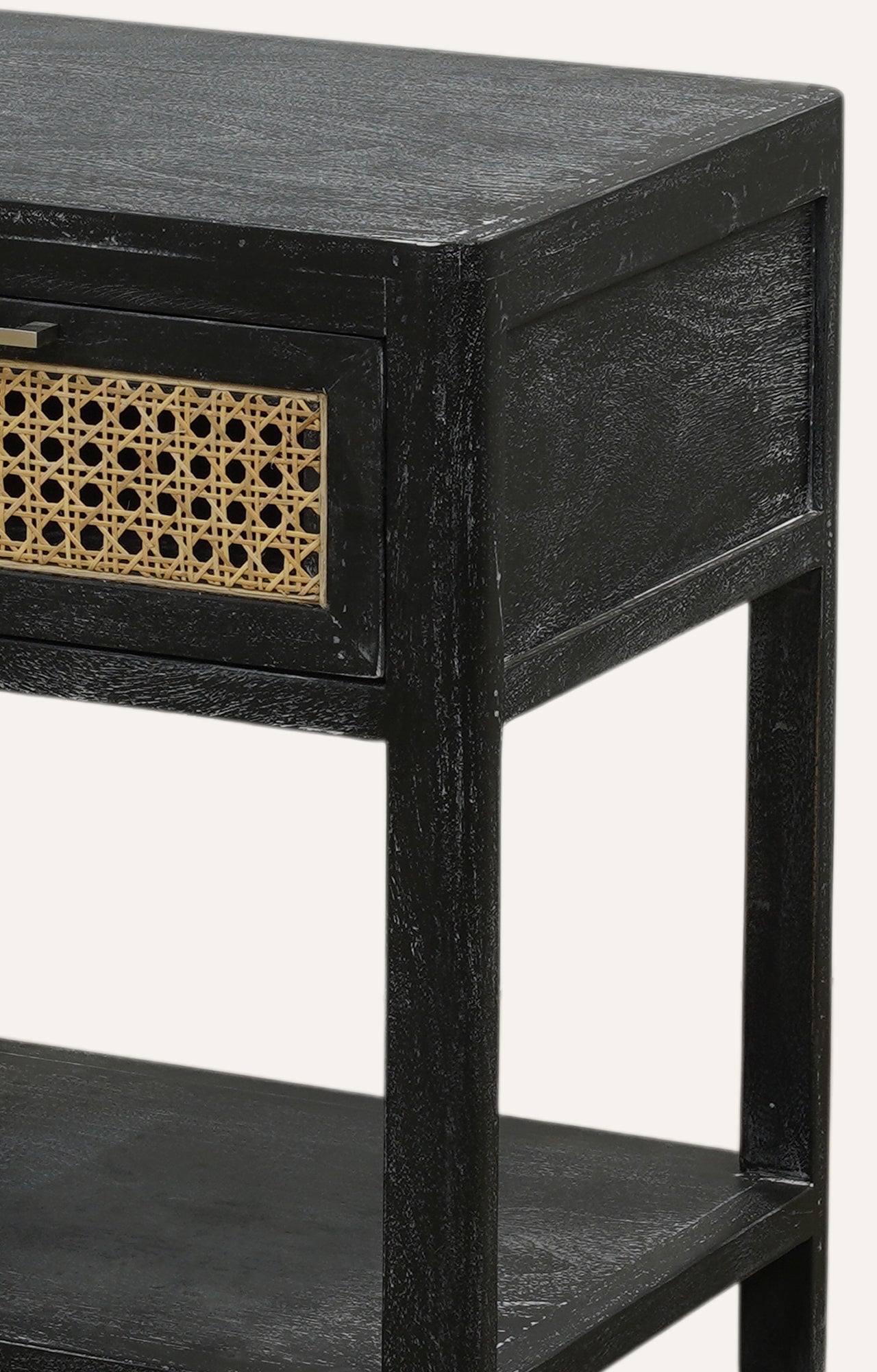 Cozy Woven Cane Front Accent Nightstand with Brass Handle Drawer