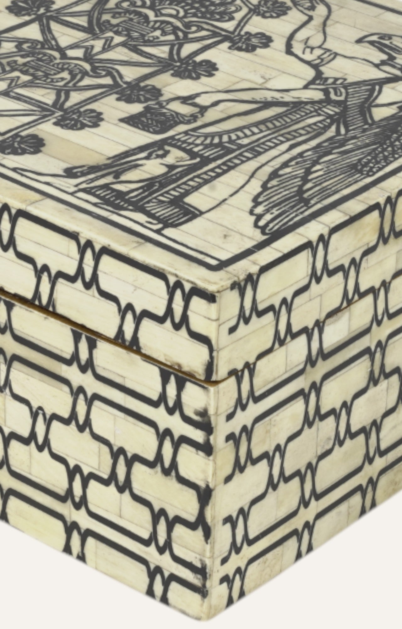 Bone Inlay Box with Peacocks and Temple Detailing