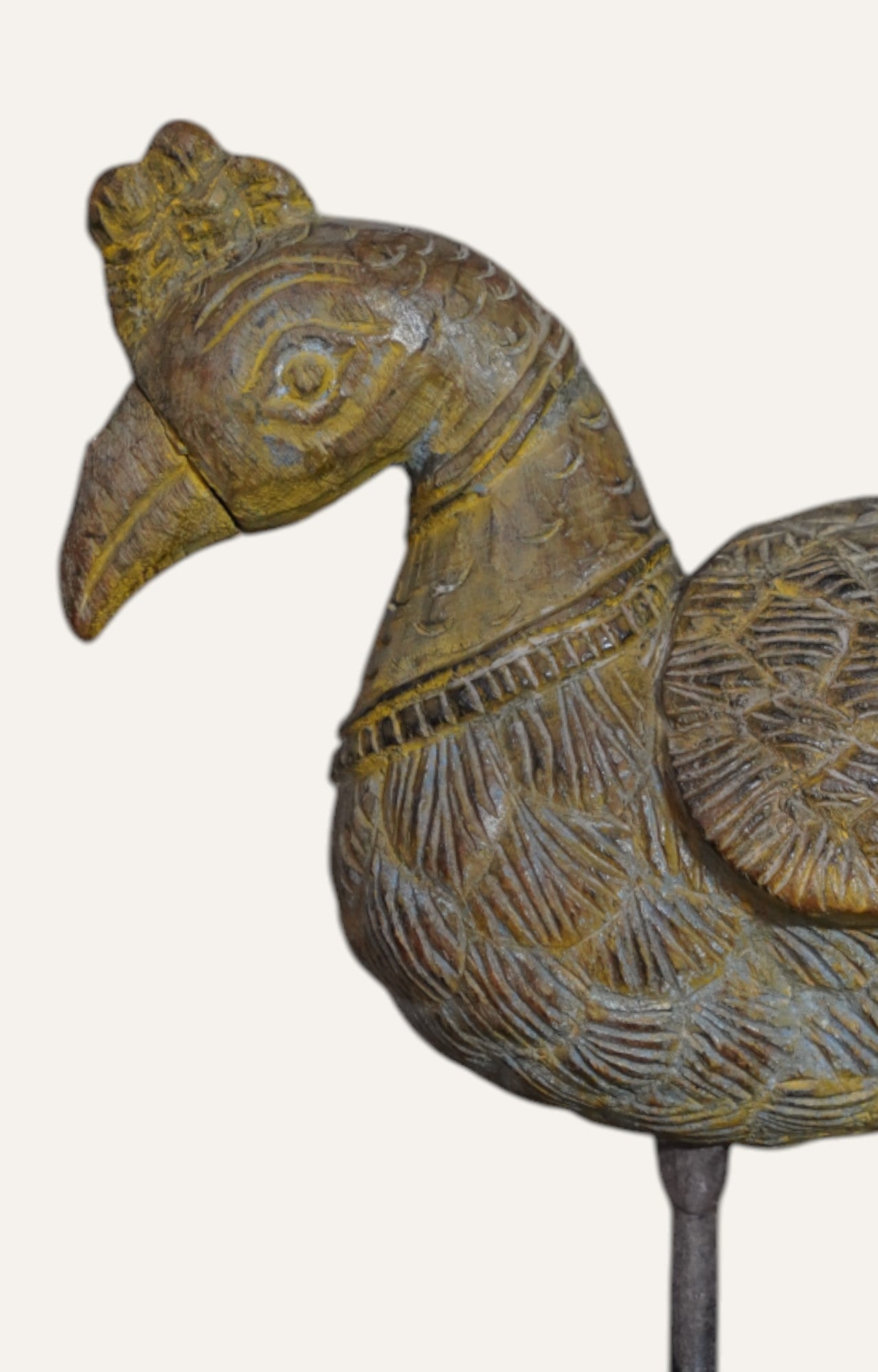 Vintage Hand-Carved Teak Wood Bird on Metal Stand