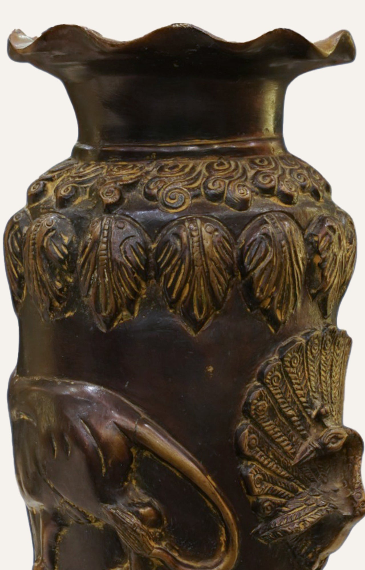 Elephant & Peacock Embossed Heritage Brass Vase Home Décor