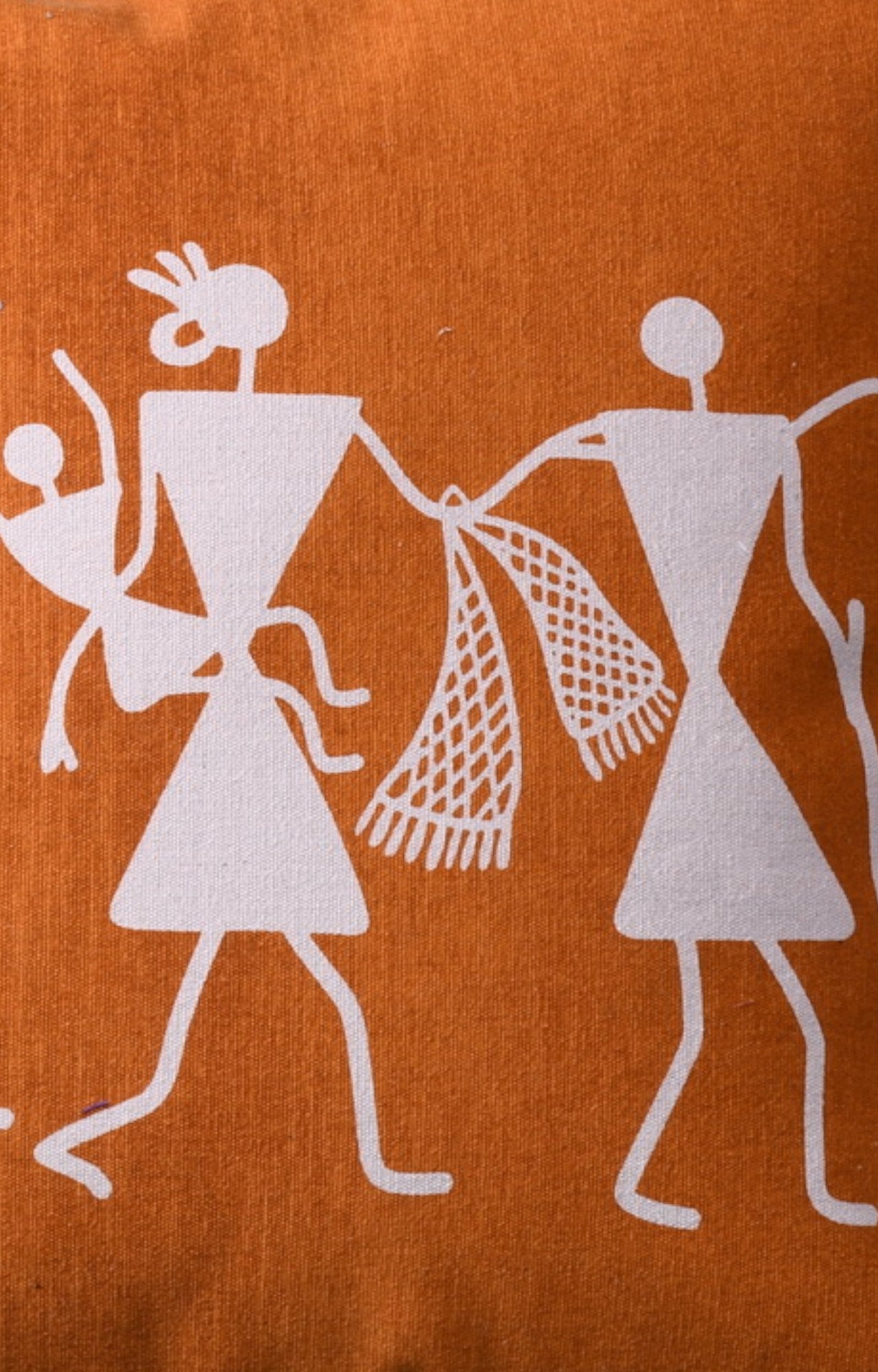 Warli Print Orange Cotton Linen Cushion
