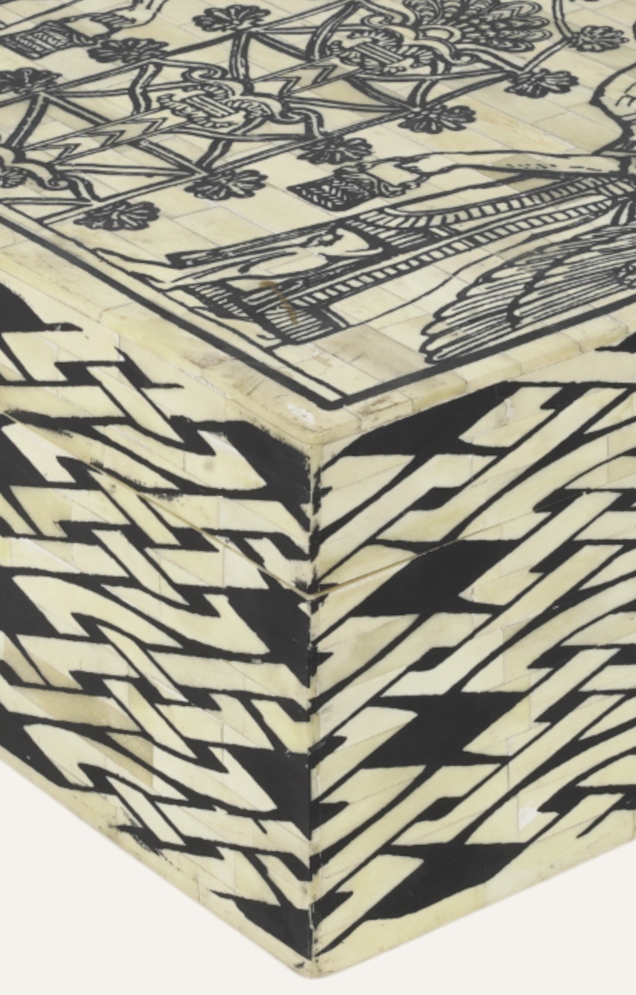 Large Mythological Bone Inlay Box with Brick Motif