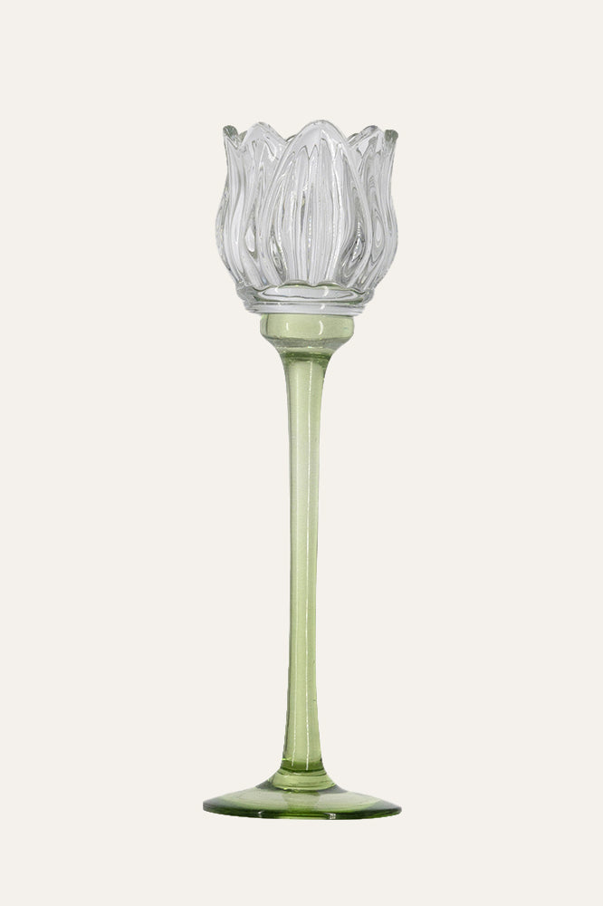 Clear Tulip Flower Glass Candlestick Holder - Large