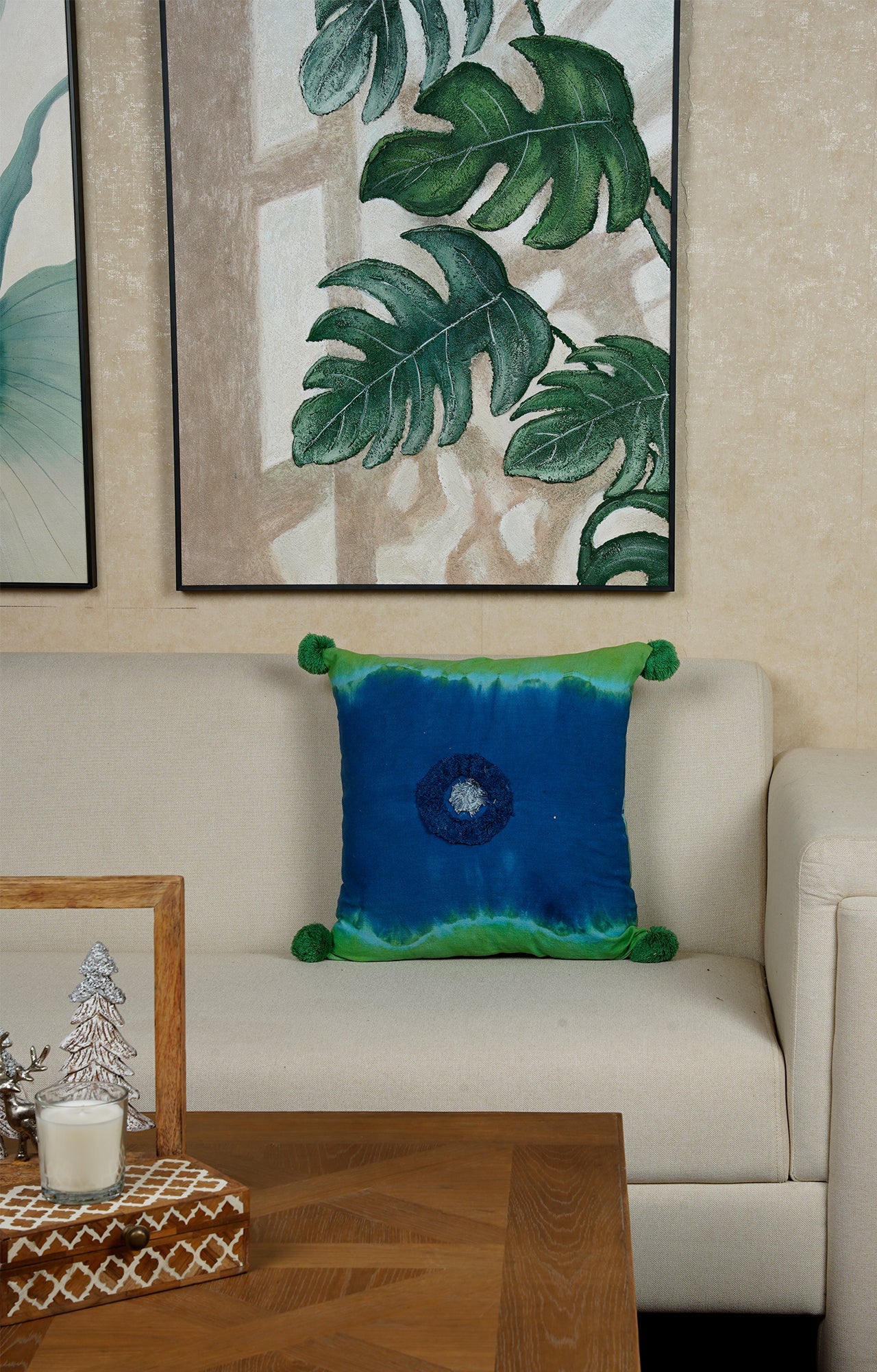 Indigo & Green Tie-Dye Cushion with Pom-Pom Accents