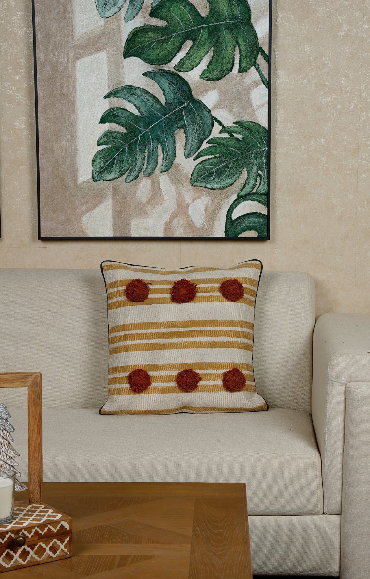 Striped Cushion with Textured Pom-Poms