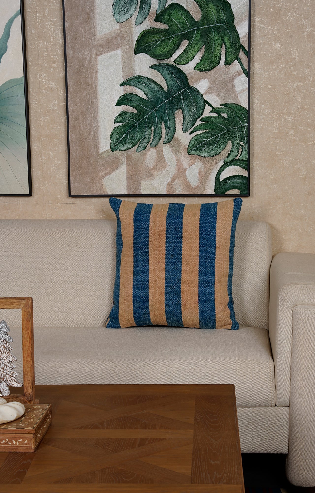 Yellow and Blue Striped Printed Cushion