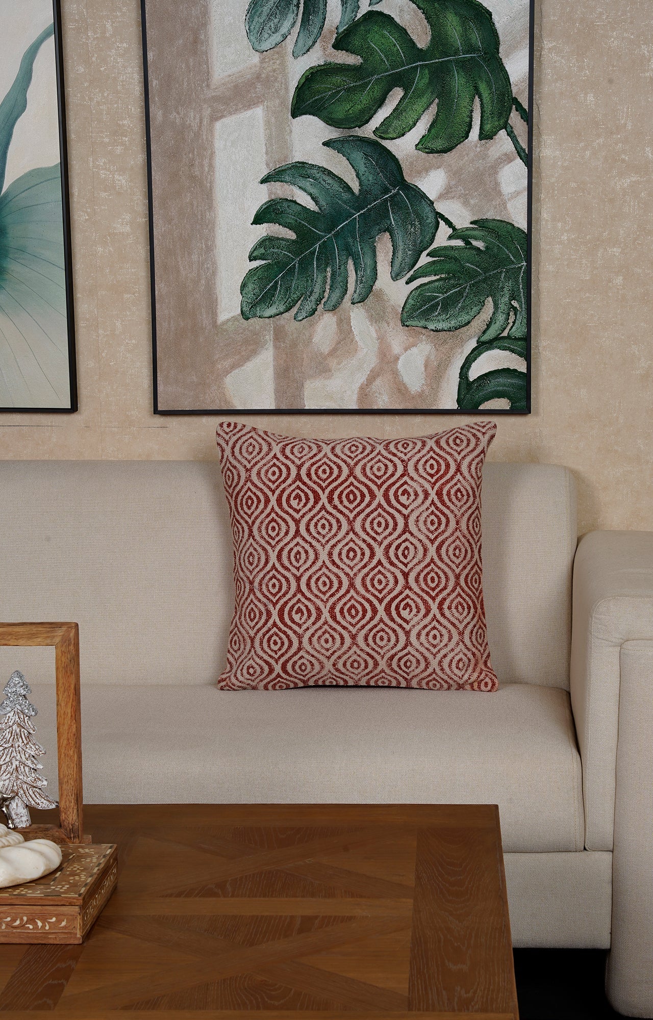 Red and Beige Geometric Patterned Square Cushion