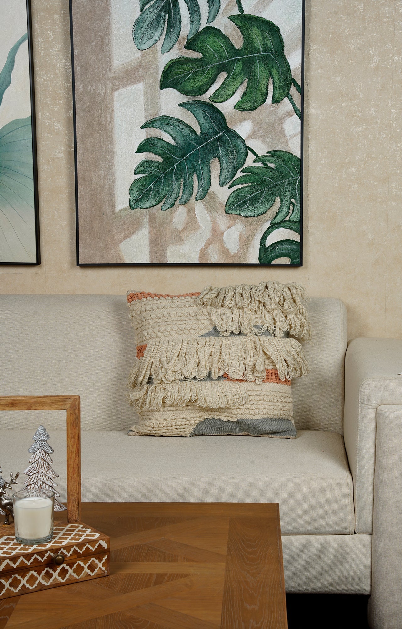 Handwoven Textured Cushion with Layered Fringes