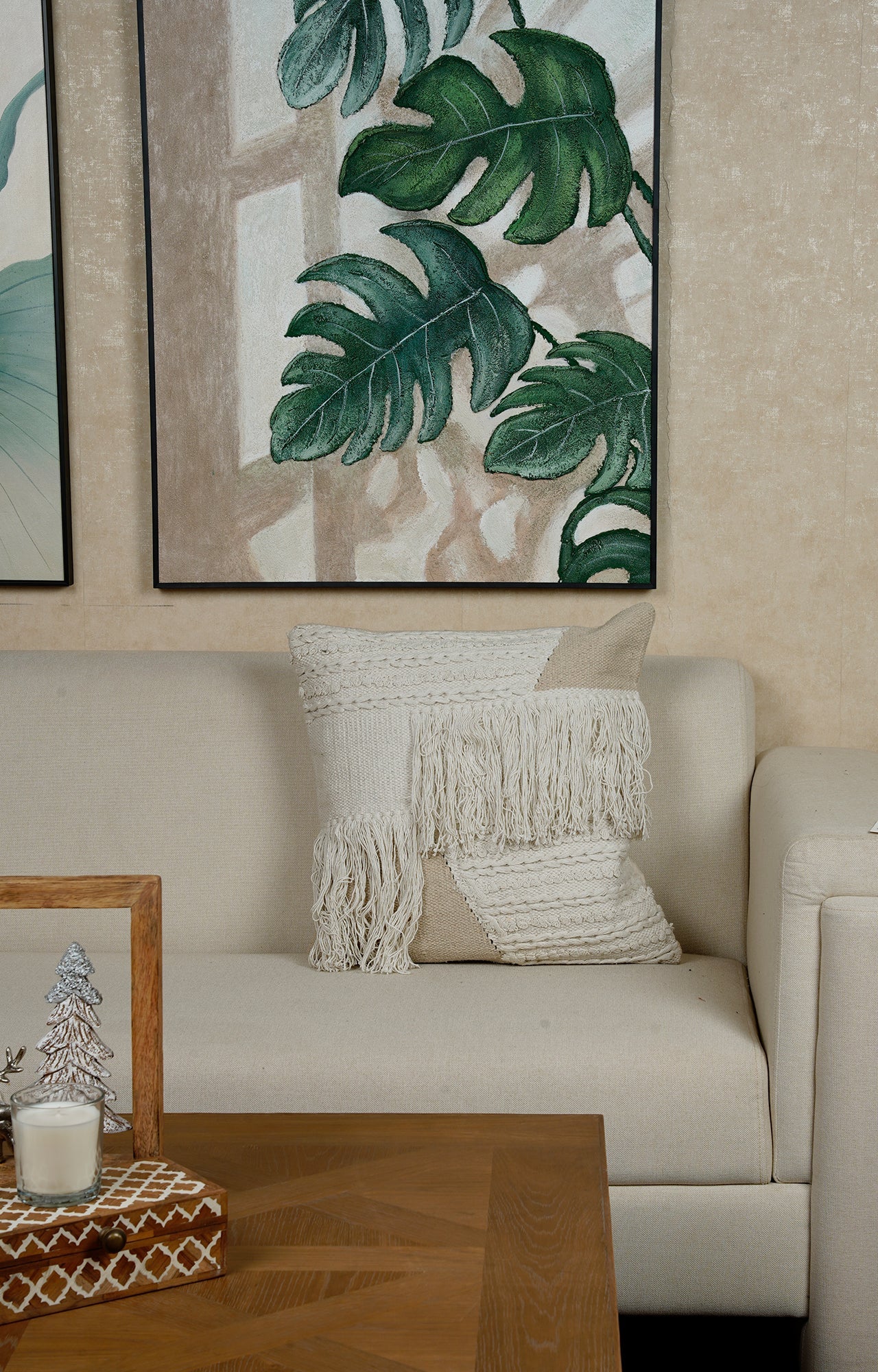 Textured Off-White Cushion with Layered Fringes