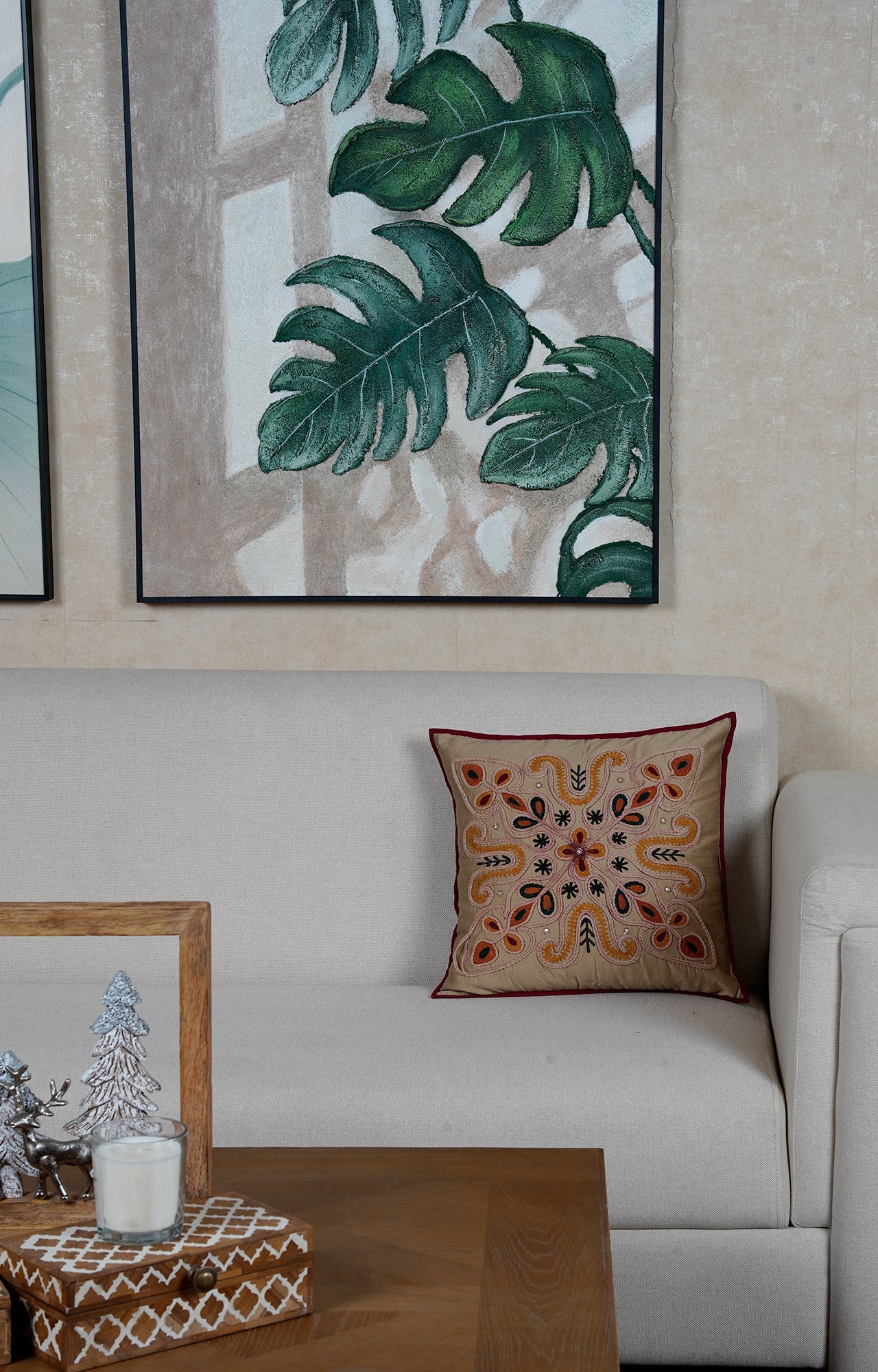 Rustic Floral Embroidered Cushion