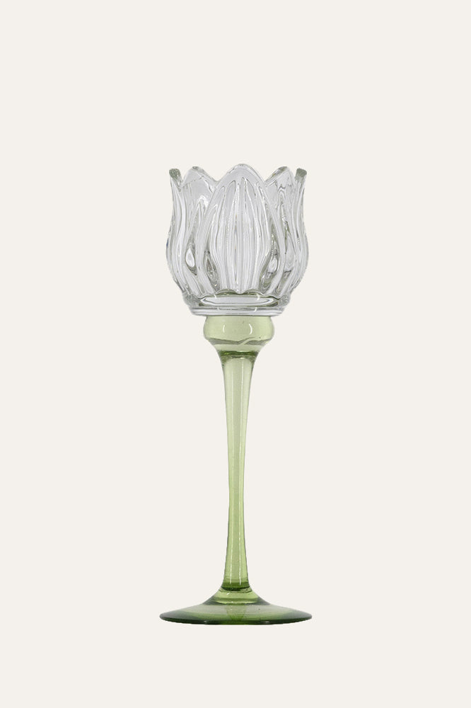 Clear Tulip Flower Glass Candlestick Holder - Medium