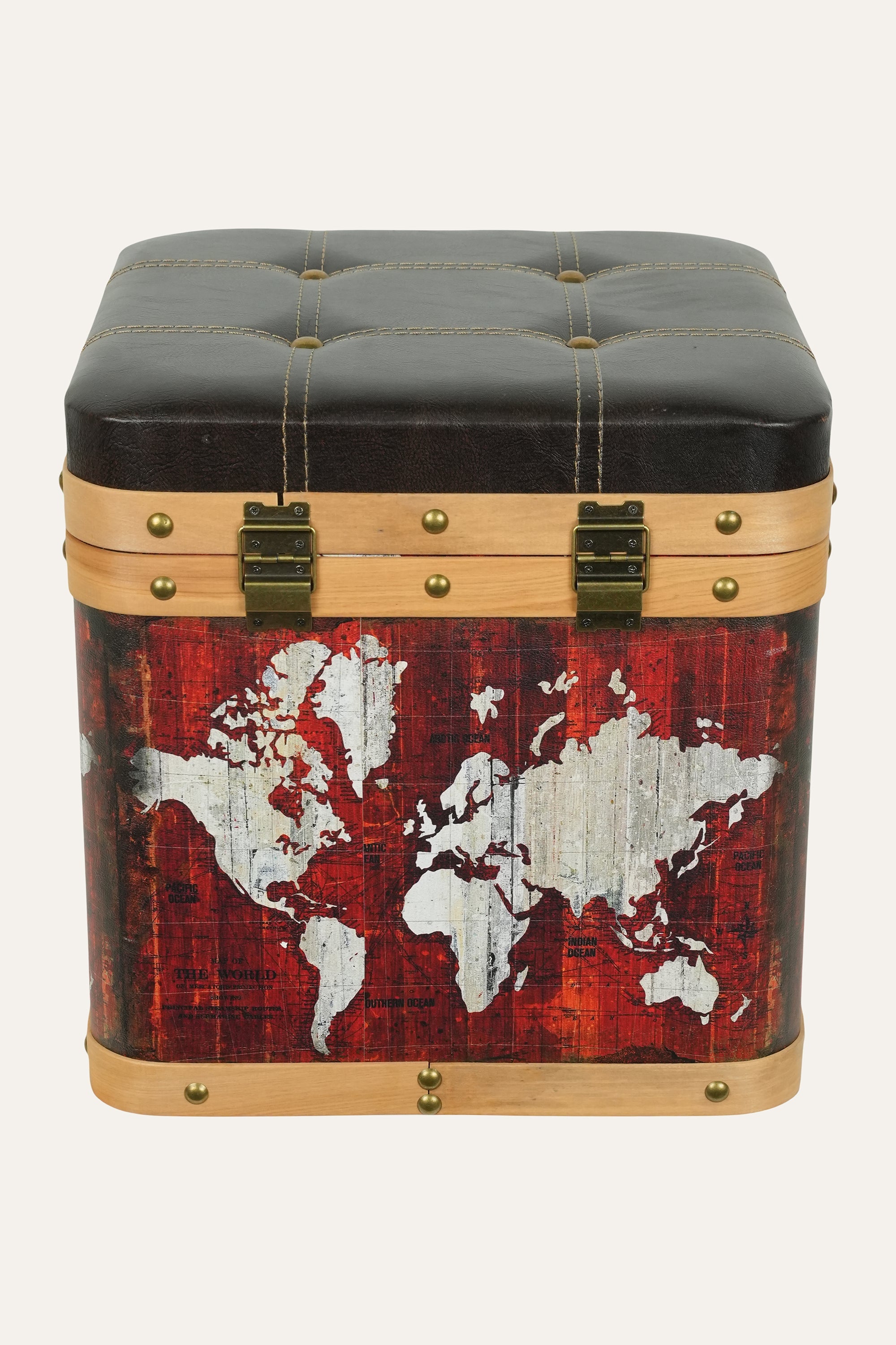rustic red storage box with world map design