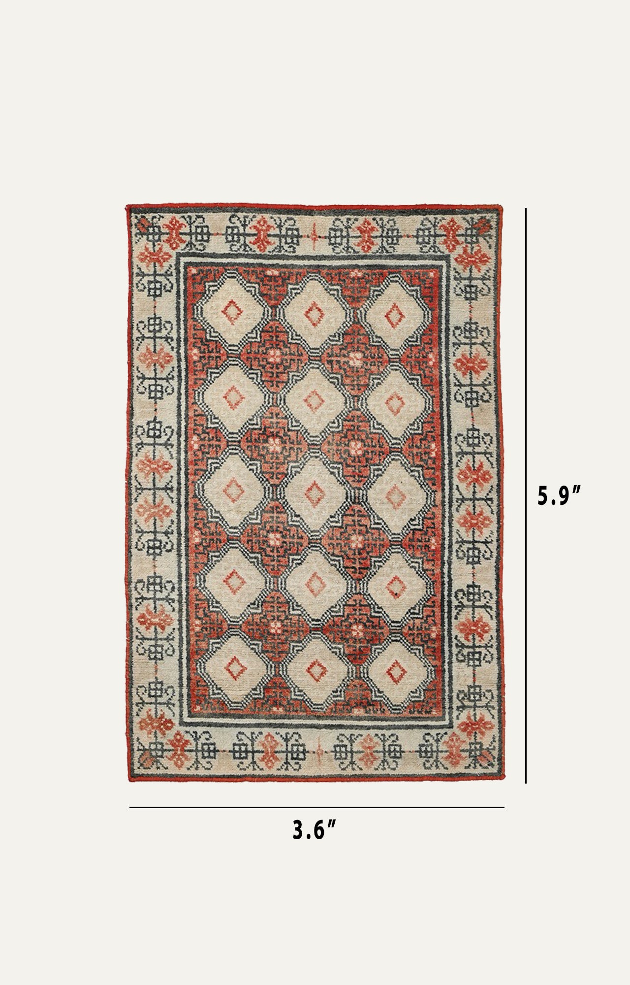 3.6 x 5.9 Ft Cotton Handwoven Vintage Tibetan Thick Pile Geometric Carpet3 x 6 Ft 80 years Old Cotton Tibetan Carpet 100% Hand-spun Yarn