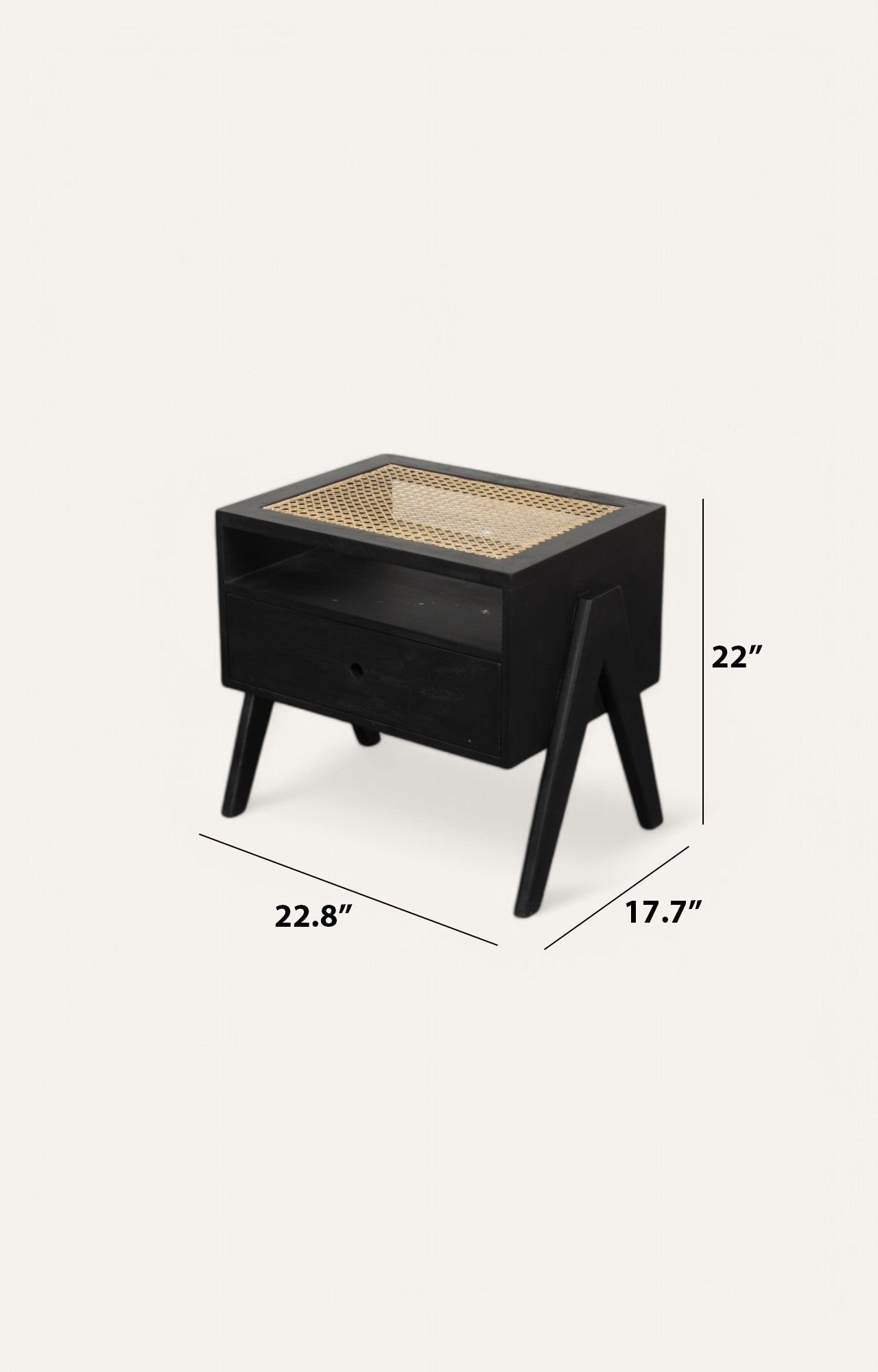 Midnight Black Cane-Weave Top Wooden Bedside Table with Drawer