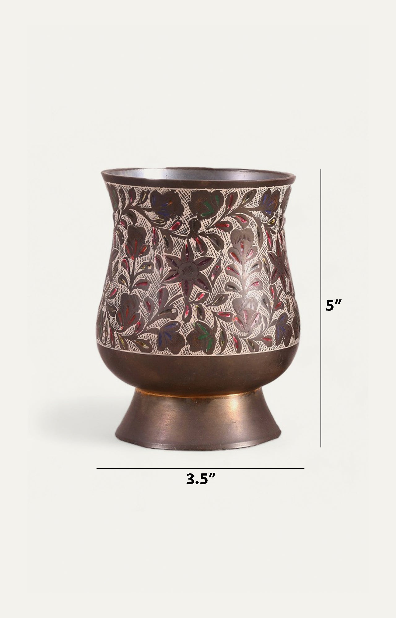 Brass Mug with Hand-Painted Floral Carvings