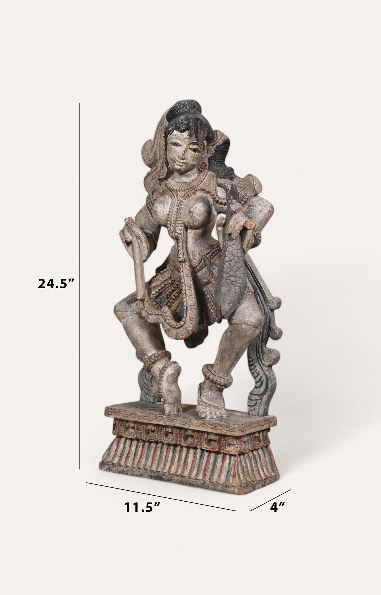 Vintage Hand-Carved Polychrome Teak Wood Hindu Goddess Statue
