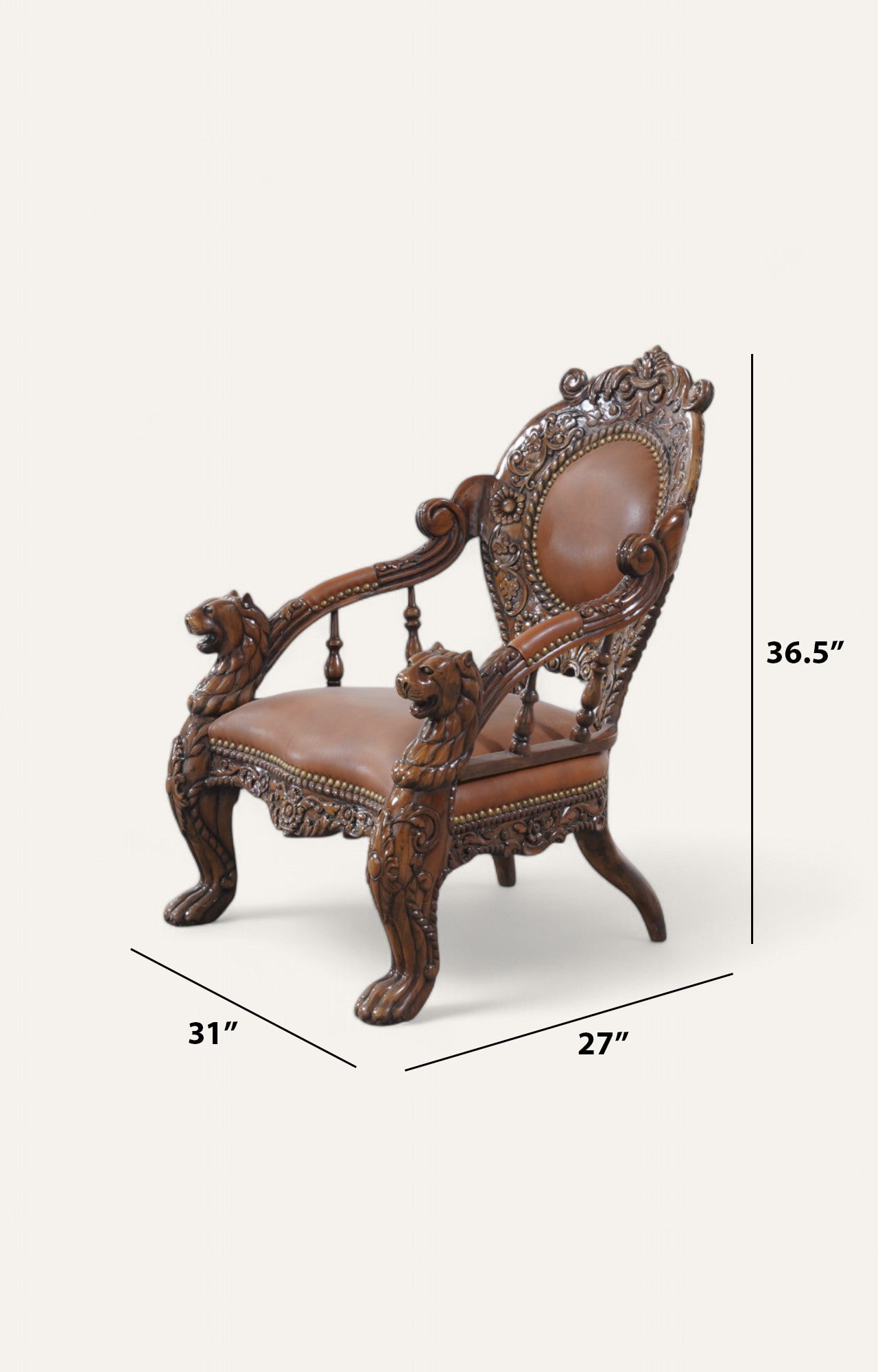 Majestic Indian Teak Armchair with Carved Lions