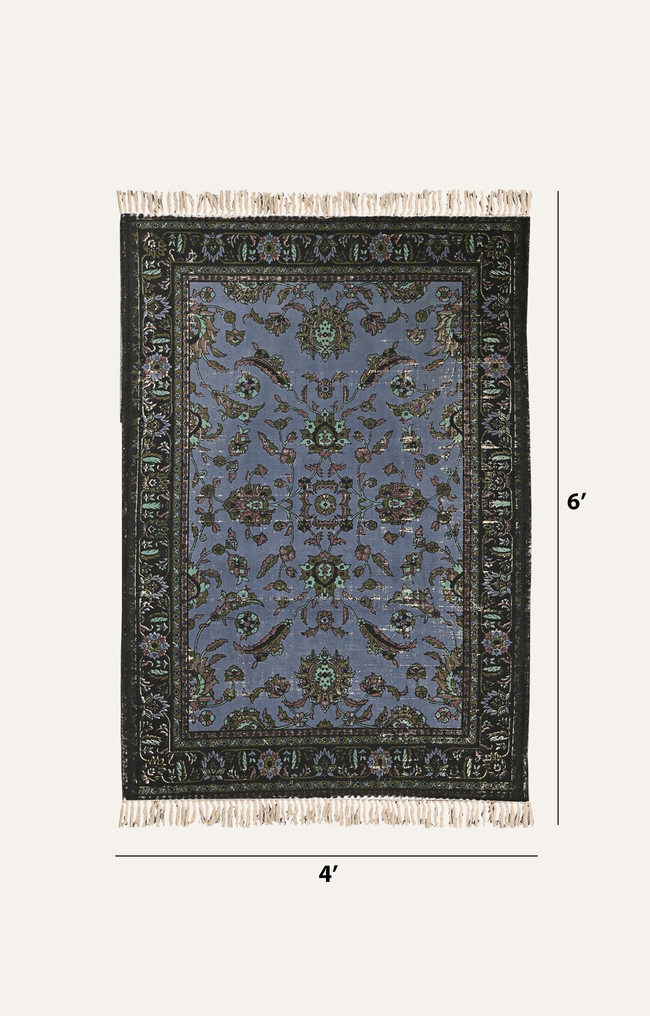 Blue Persian-Inspired Floral Cotton Rug