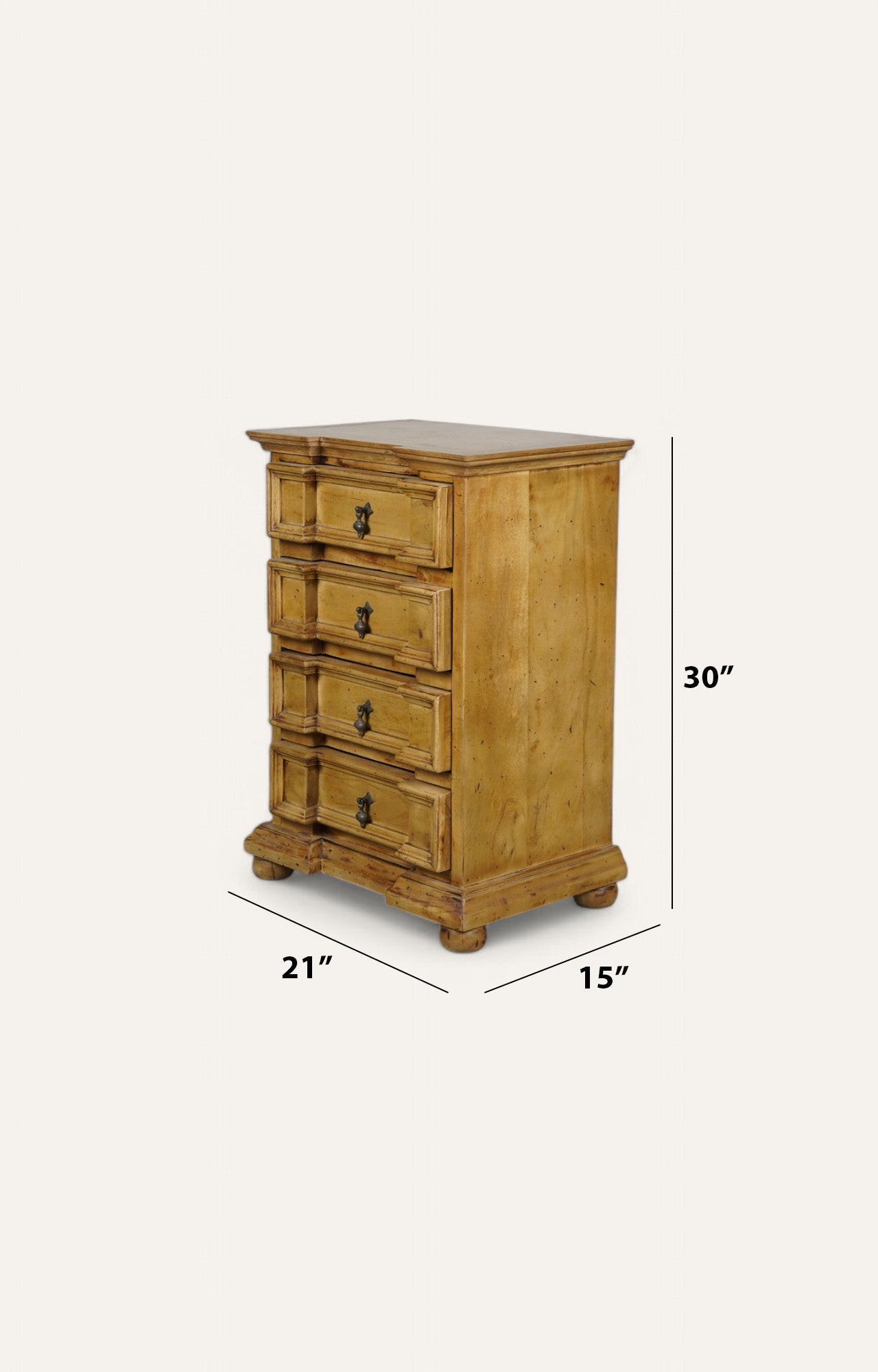 Vasco Vintage Wooden Bedside table with Natural Finish with 4 Drawers