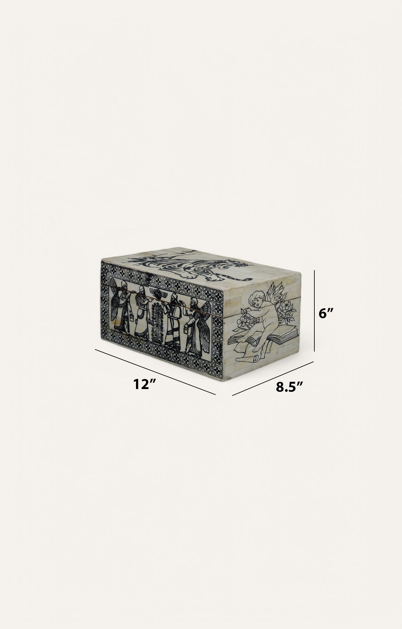 Camel Bone Inlay Box with Angelic Scene and Heraldic Lion