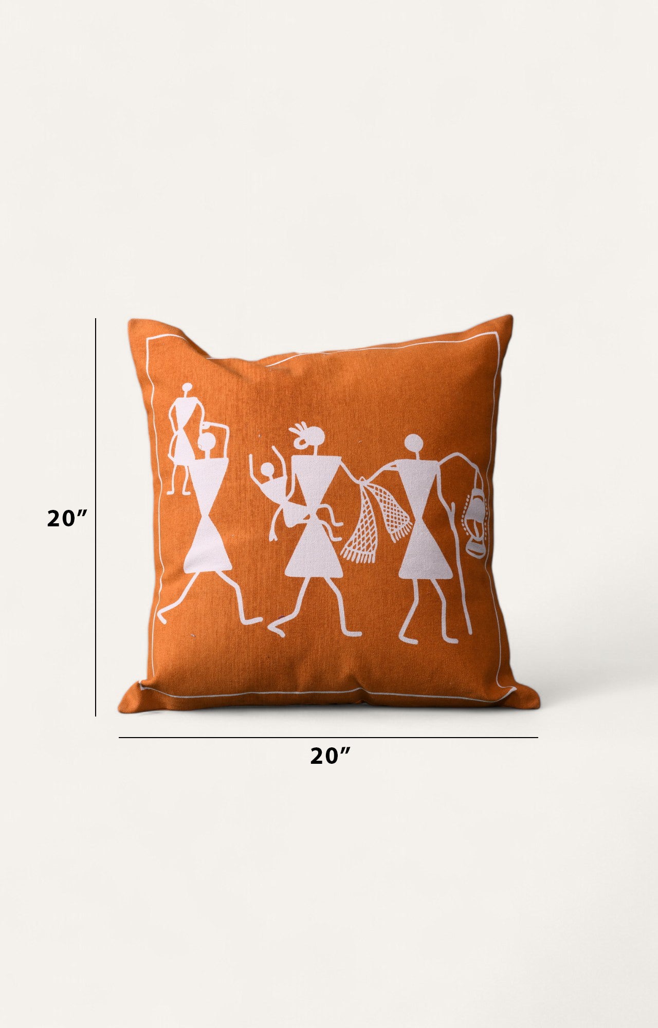 Warli Print Orange Cotton Linen Cushion