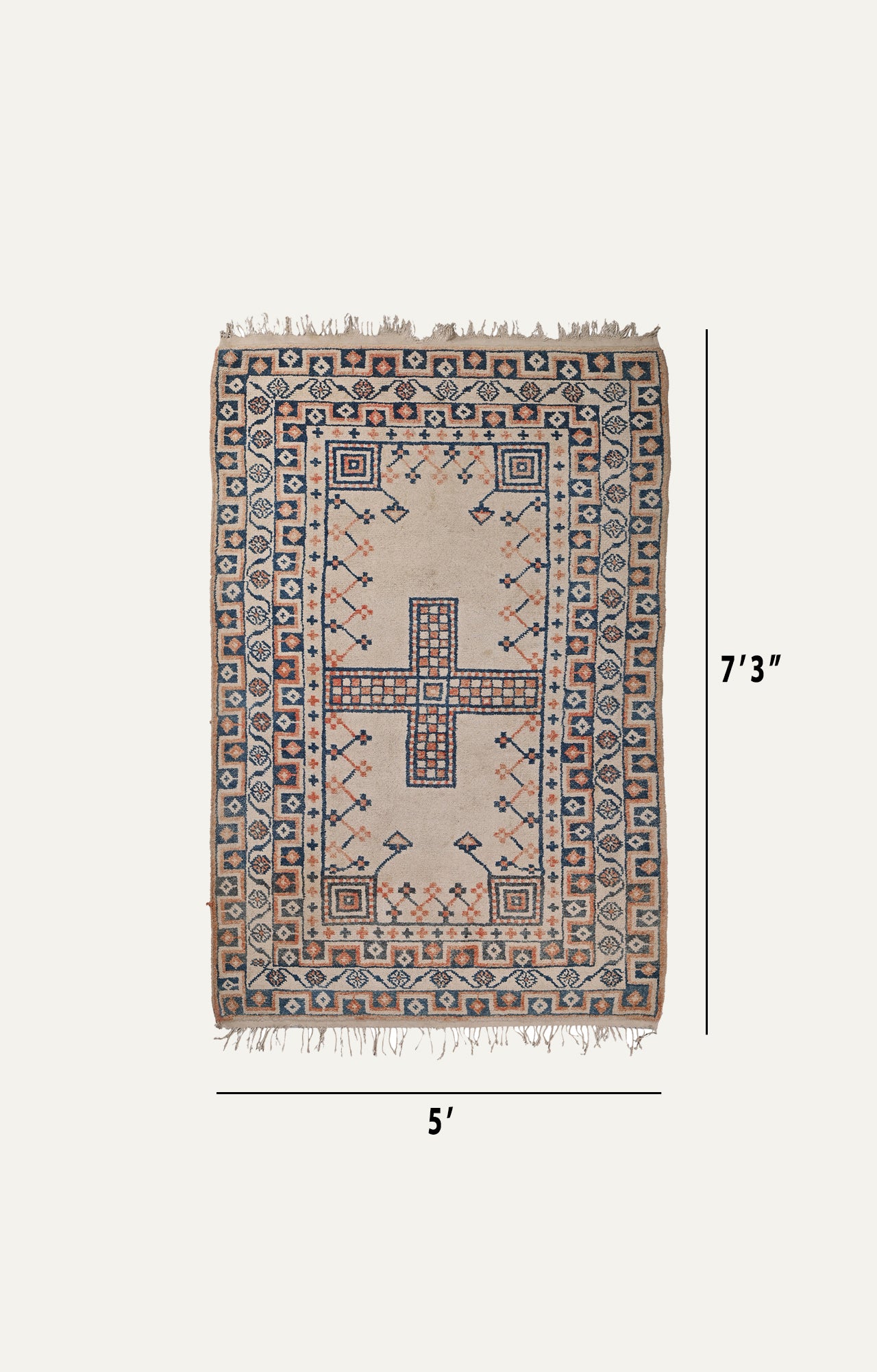 5 x 7 Ft Geometric motif Distressed Carpet aged about 80 Years