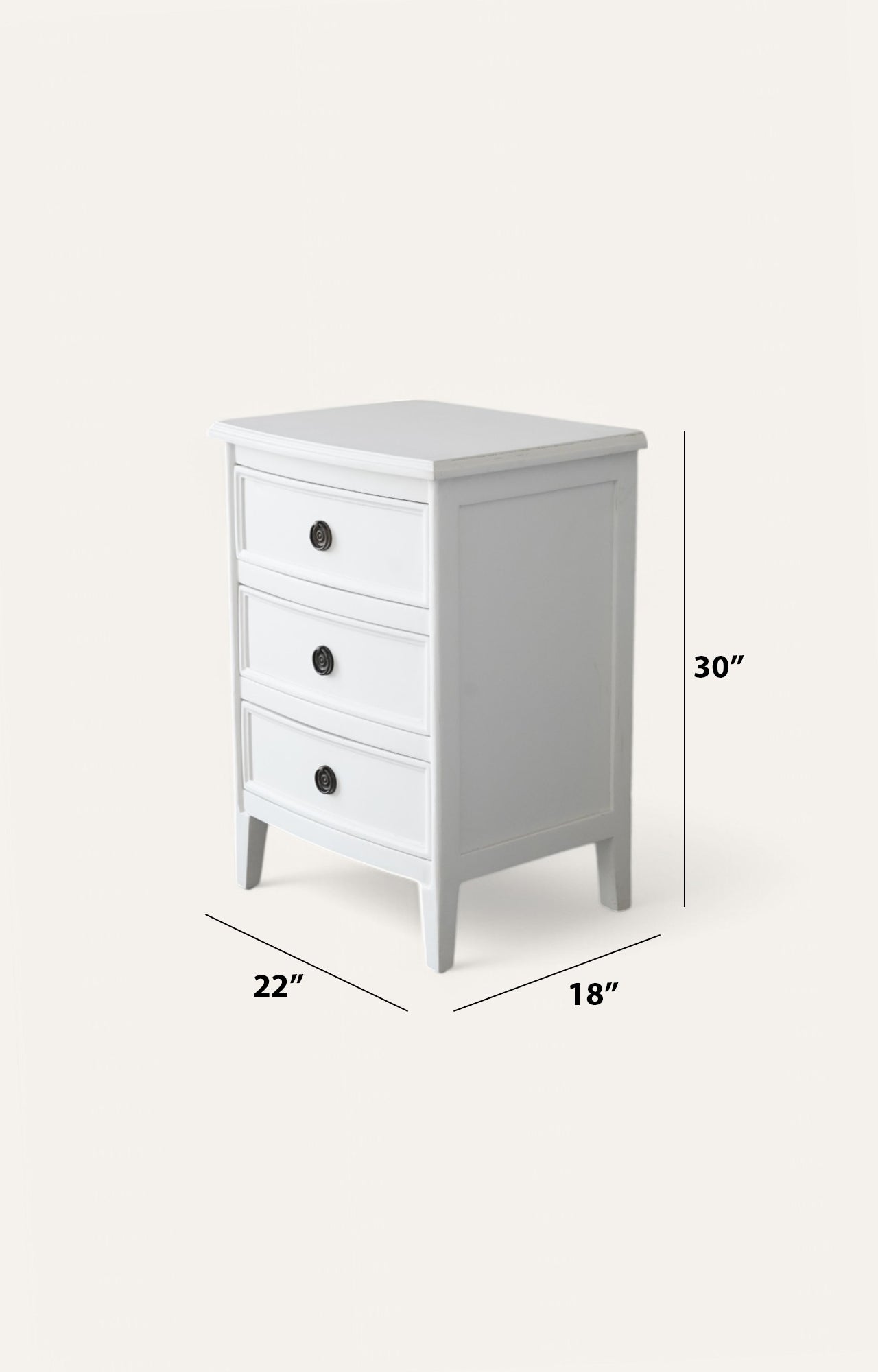 Seaside White Wooden Bedside Table with Three Drawers and Brass Handles