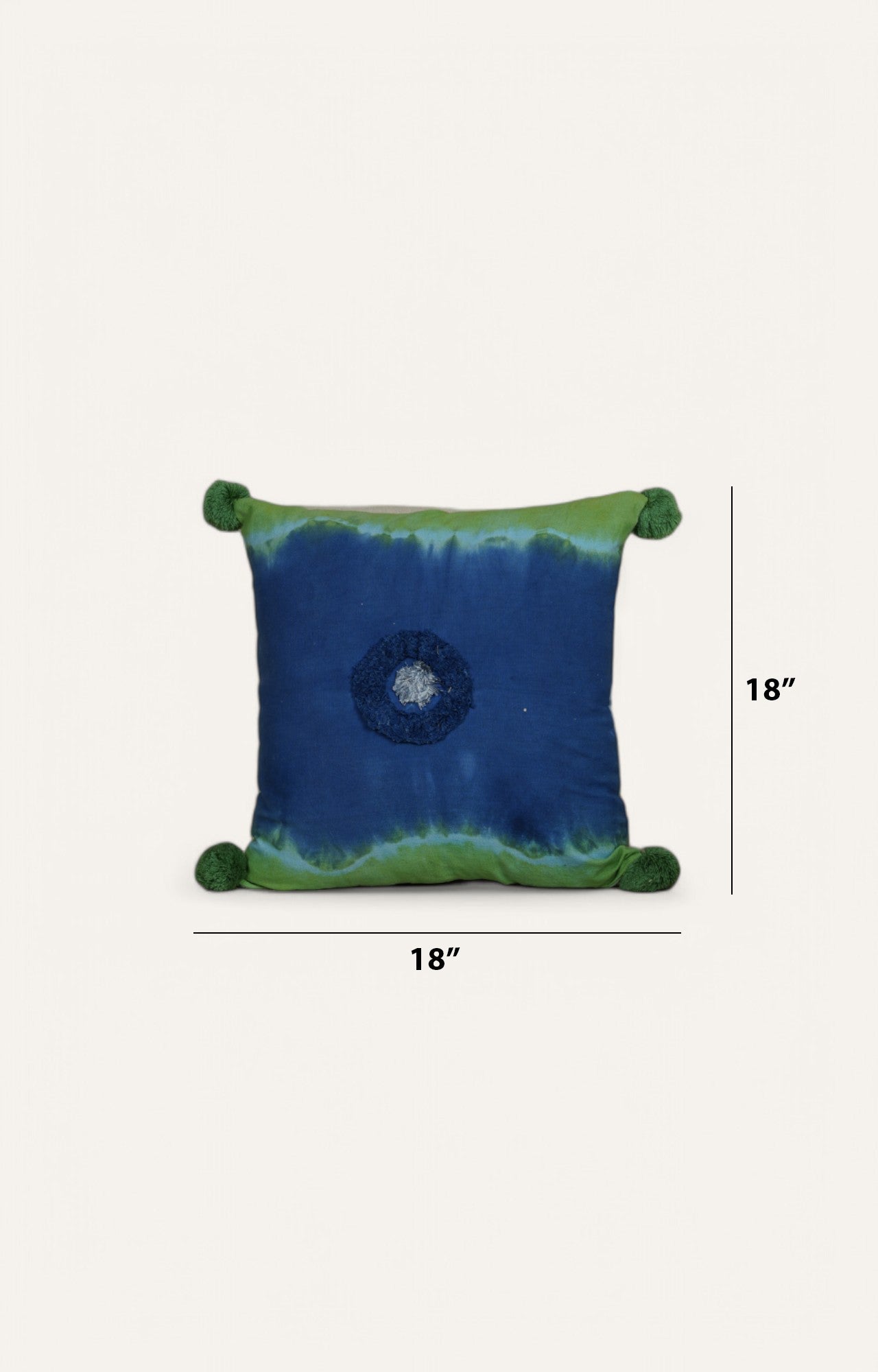 Indigo & Green Tie-Dye Cushion with Pom-Pom Accents