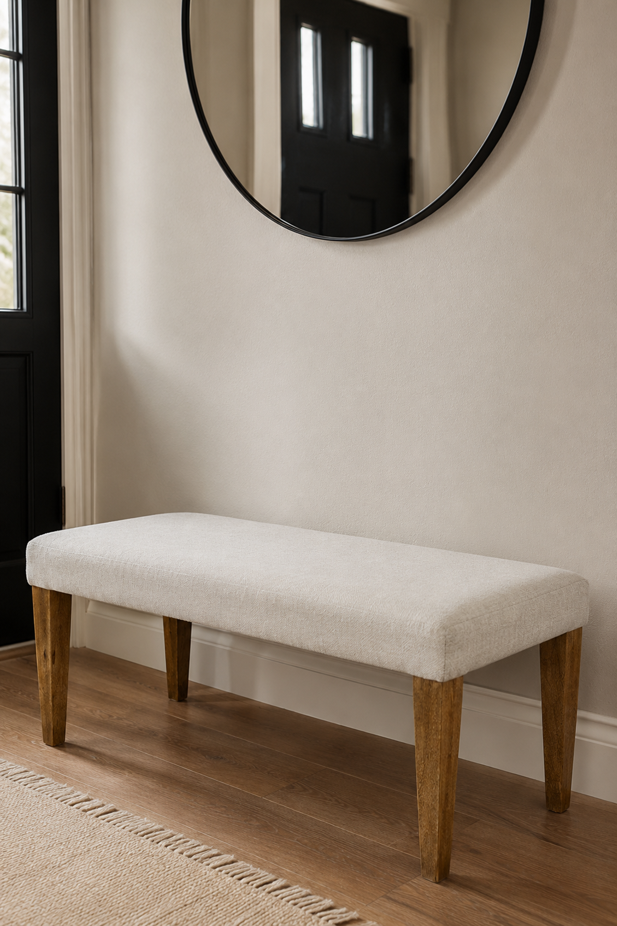 Modern White Upholstered Wood Bench with Tapered Legs