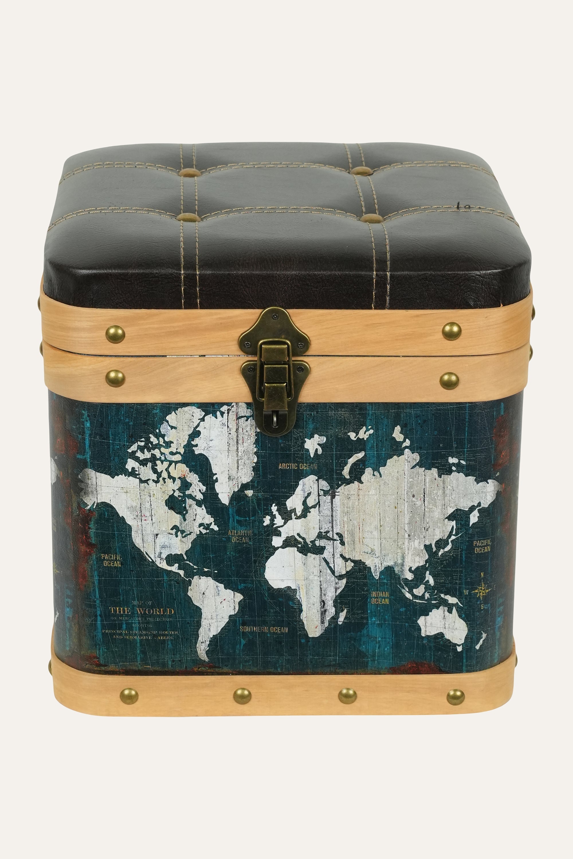 vintage world map storage box dark blue