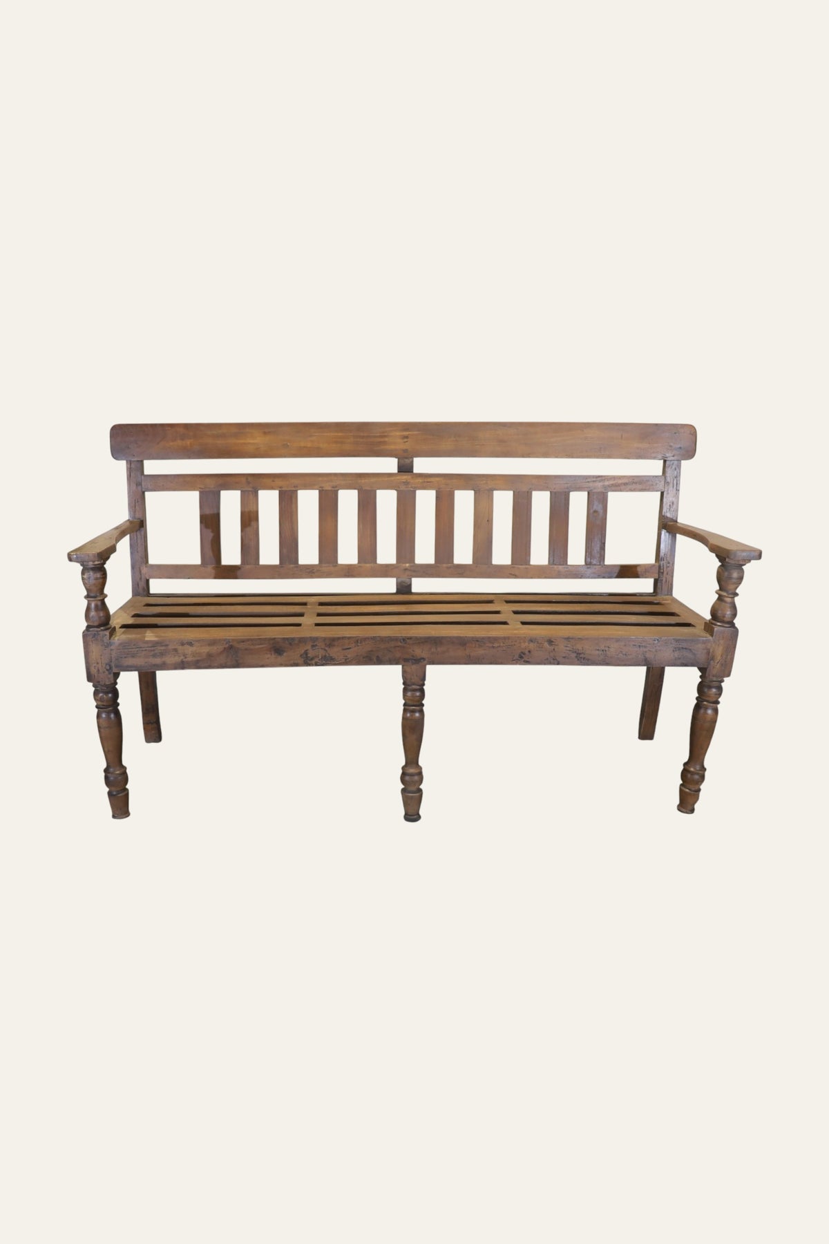 wooden bench with slatted back